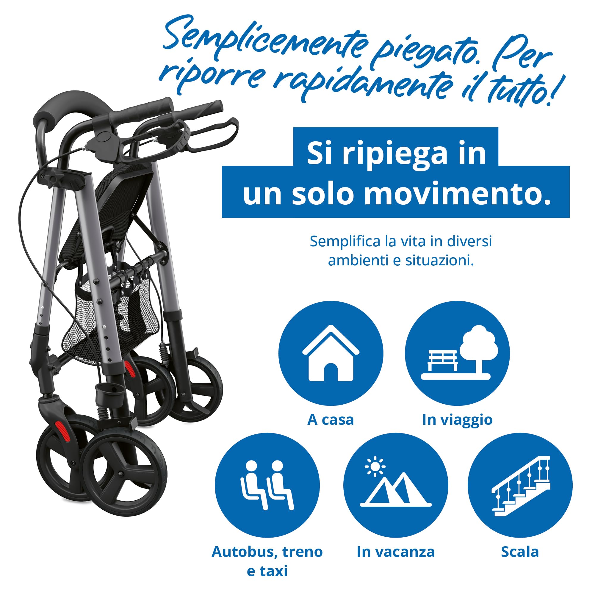 Deambulatore leggero e regolabile, 6,2 kg, seduta imbottita con schienale, rete e supporto per bastone, pieghevole, maniglie e seduta regolabili in altezza in 4 posizioni, carrello da passeggio da