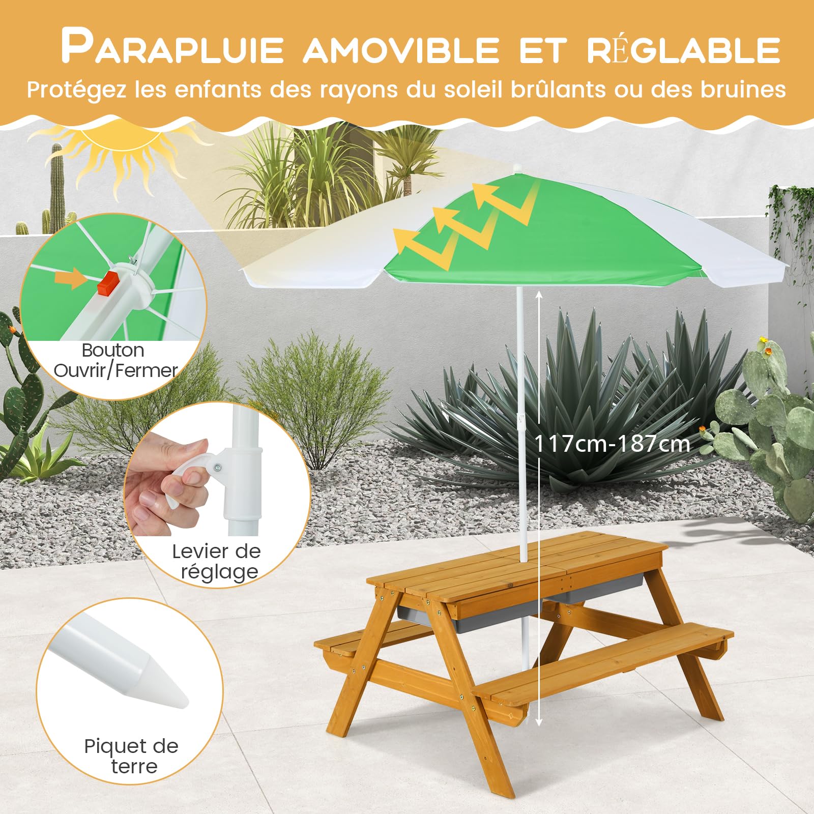 GOPLUS Mesa Infantil 3 en 1 con Banco y Sombrilla, Mesa de Actividad de Madera para Exterior Jardín Verde+Blanco