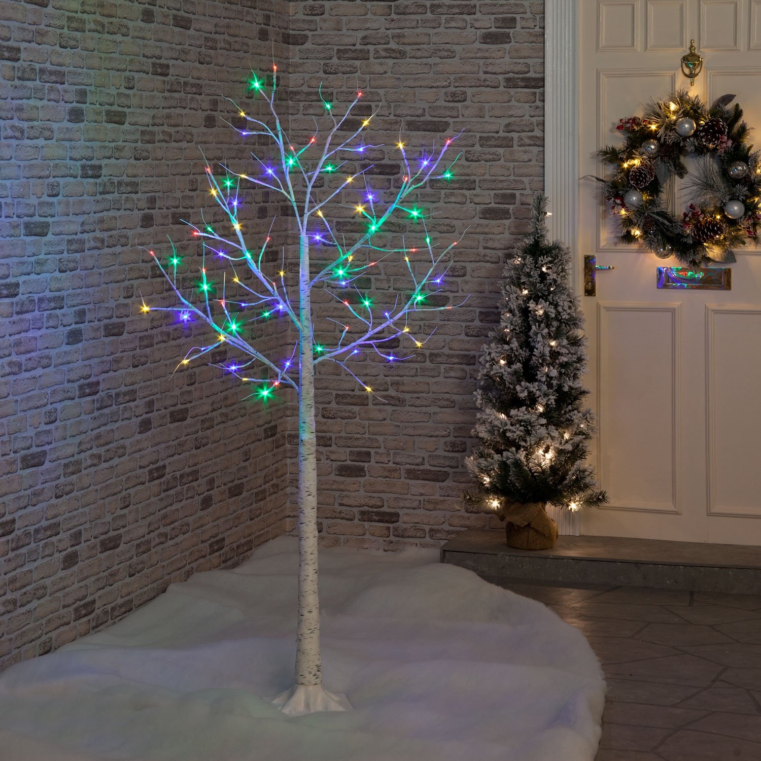 Snow Time 1.5M Christmas Outdoor Birch Tree With 64 Multicoloured Leds Silver