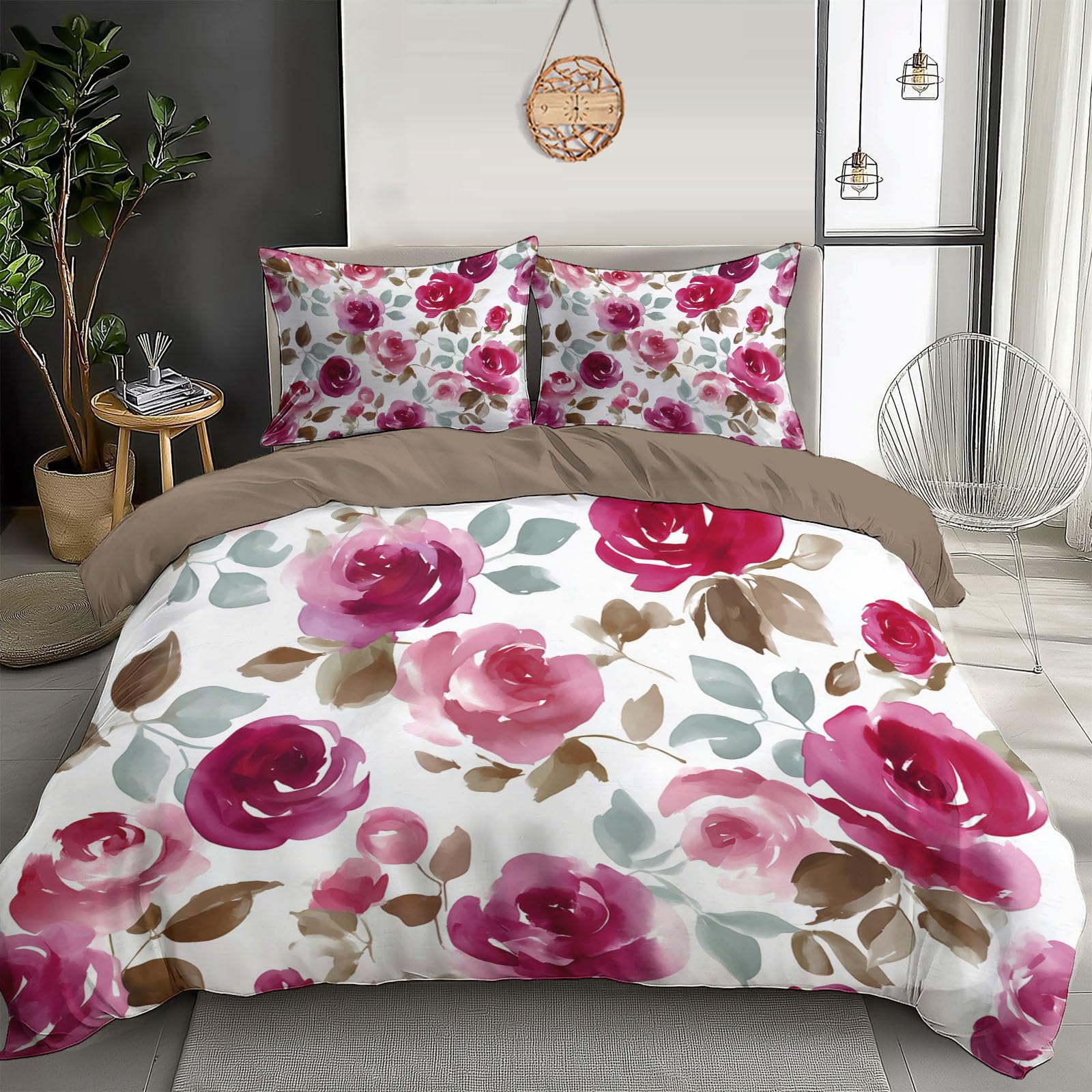 Parure de lit housse de couette 140x200 motif fleuri 3D rose vert