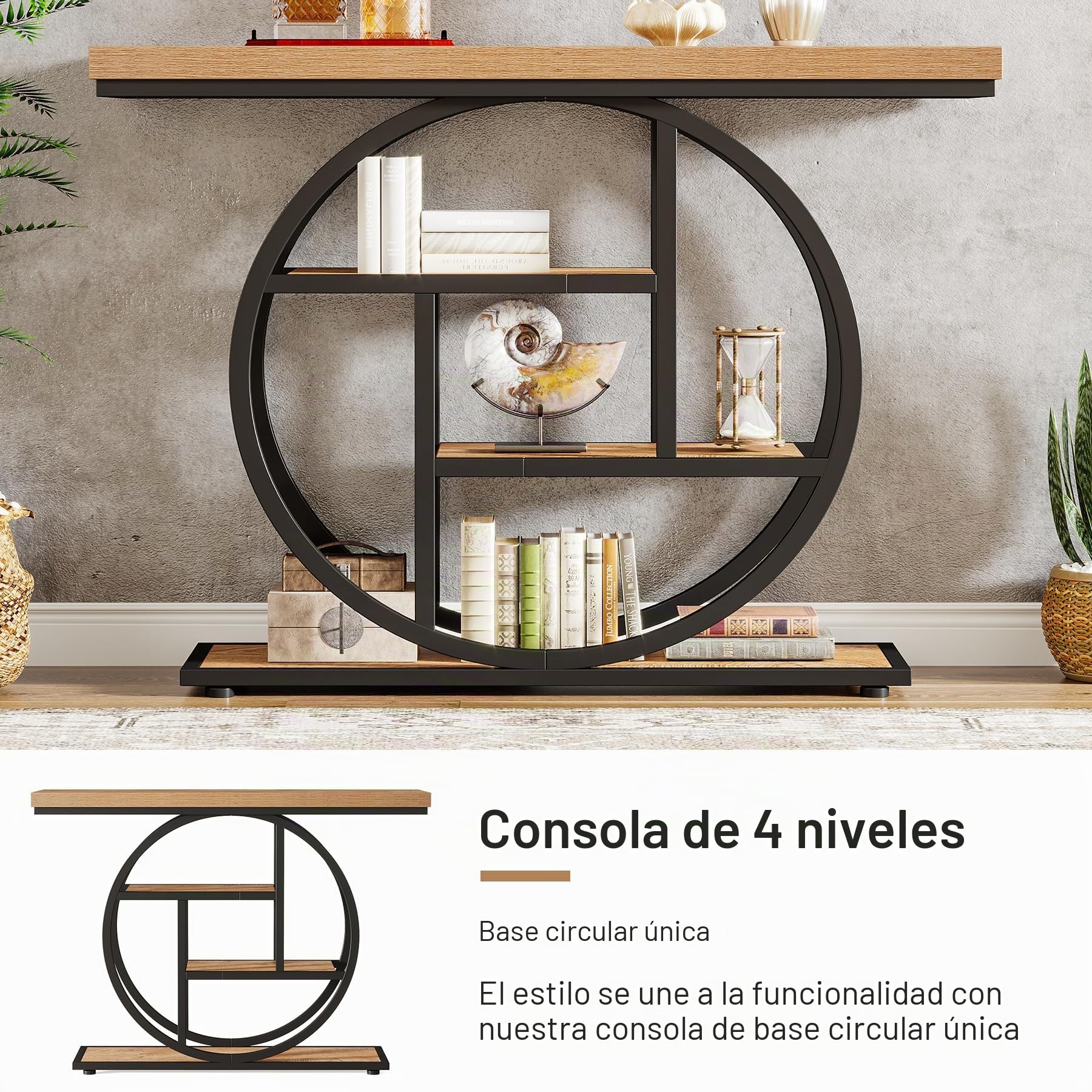 Tribesigns Mesa Consola Industrial de 105cm, Mesa de Entrada de sofá de 4 Niveles con Base Circular, mesas estrechas de Madera con estantes de Almacenamiento para Sala (Marrón Claro)