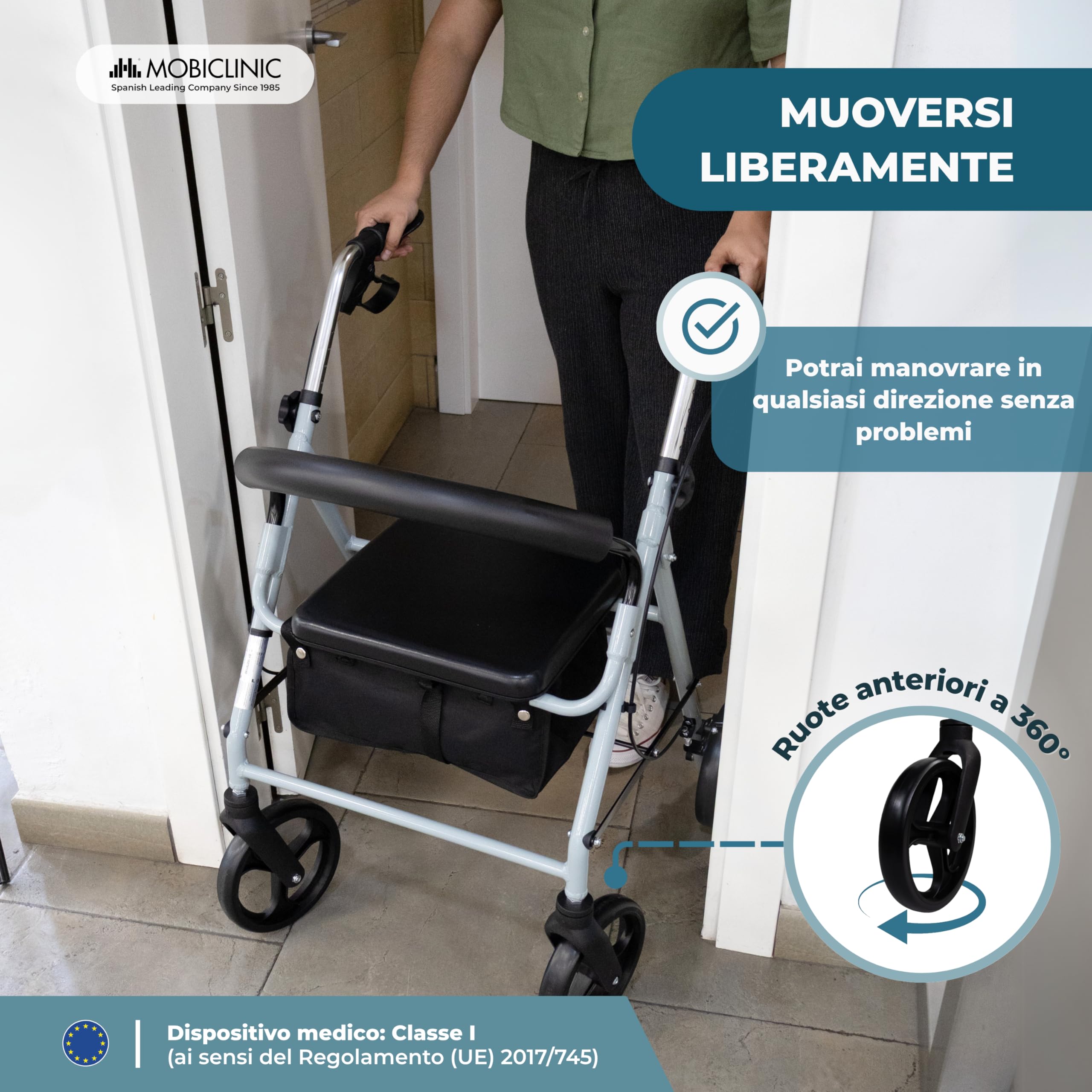 Mobiclinic®, Deambulatore per anziani, Ruote grandi la strada, Pieghevole, Con cestino in tessuto e sedile, Fabbricato alluminio, Resistente, Marchio europeo, Modello sofía, Colore grigio