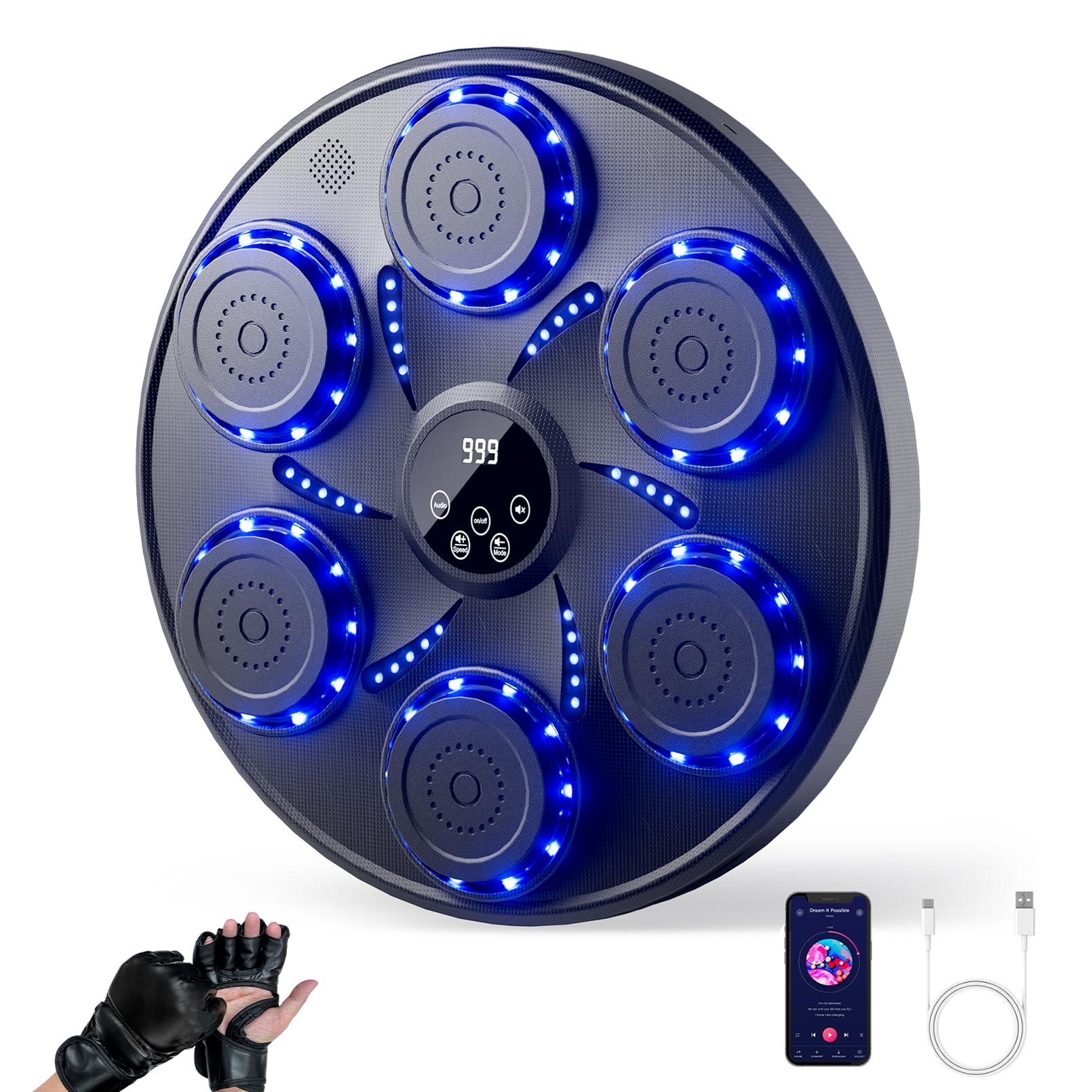 Music Boxing Machine for Adults, Wall Mounted Blutooth Music Punching Machine with Boxing Gloves, Smart Electronic LED Boxing Training Equipment for Indoor Home Gym Workout, 9 Modes &amp; Speeds