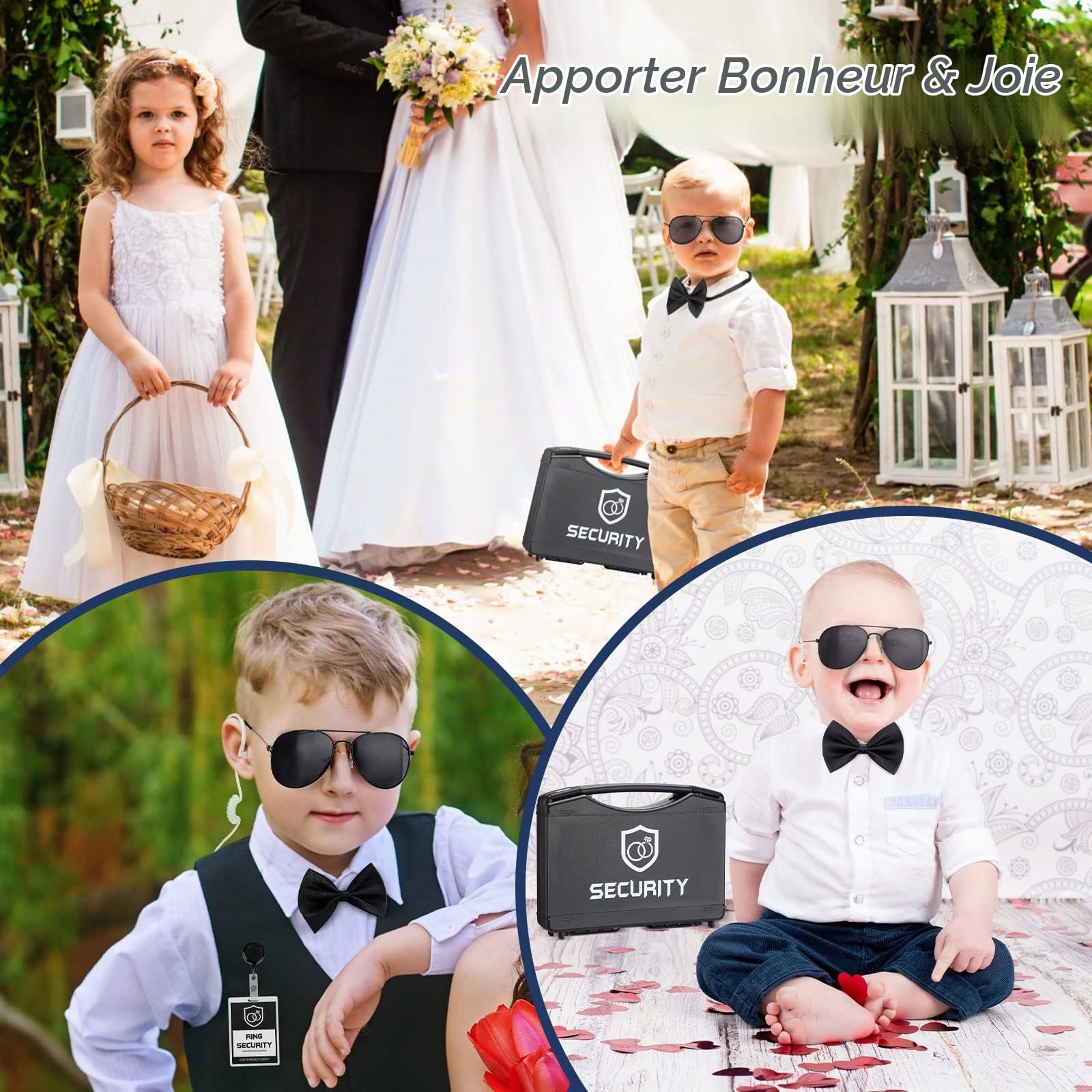 Mepase 14 Pcs Ring Wedding Bearer Security Set Include Ring Bearer Box ID Badge Holder Sunglass Acoustic Earpiece Tube Mission Card with Binder Clip Bow for Kids (PP Plastic Suitcase)