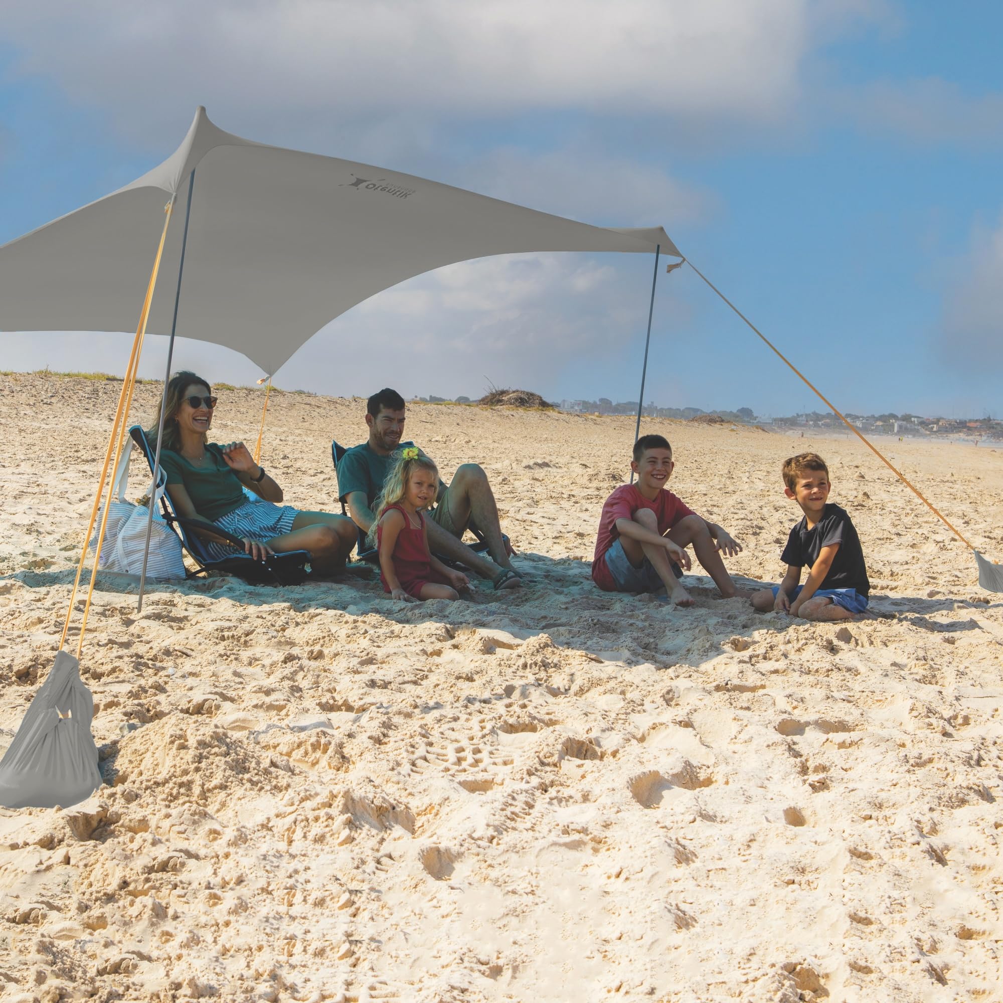 Otentik Beach Sunshade - with Sandbag Anchors - The Original Sunshade Since 2011 (Medium 8.2 x 5.5 ft - Up to 5 People, Grey)