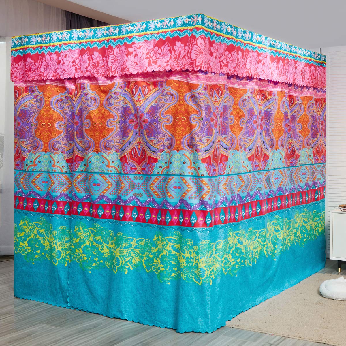 ZIQINPSQ Bed Canopy Canopy Bed Curtains, Bohemian 4 Corner Post Bed Curtains for Adults Girls Bedroom Decor (Double, Multicolor B) - Image 2