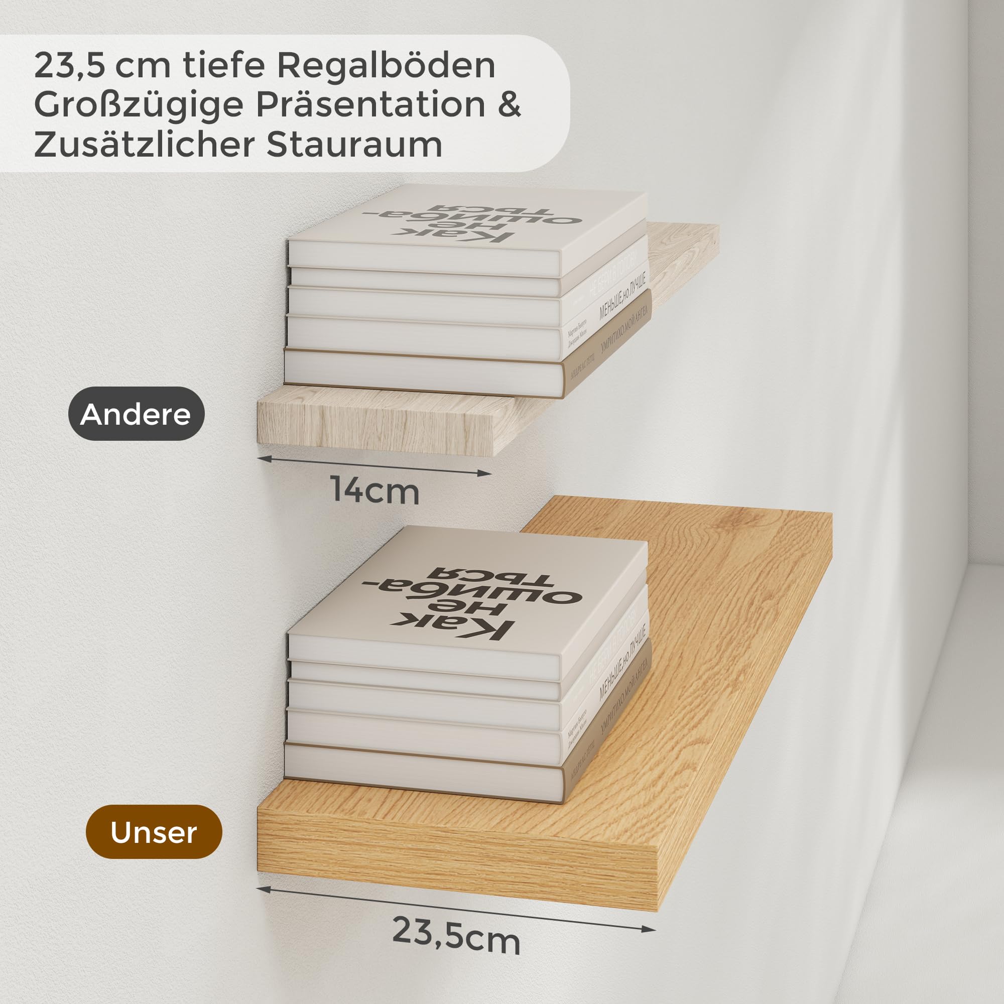 Feihorrm Wandregal Holz, Extra Breit 23,5 cm, 40cm Wandboard Eiche Regal 2er Set, Schweberegal, Regalbrett für Küche, Arbeitszimmer, Badezimmer, Schlafzimmer und Wohnzimmer