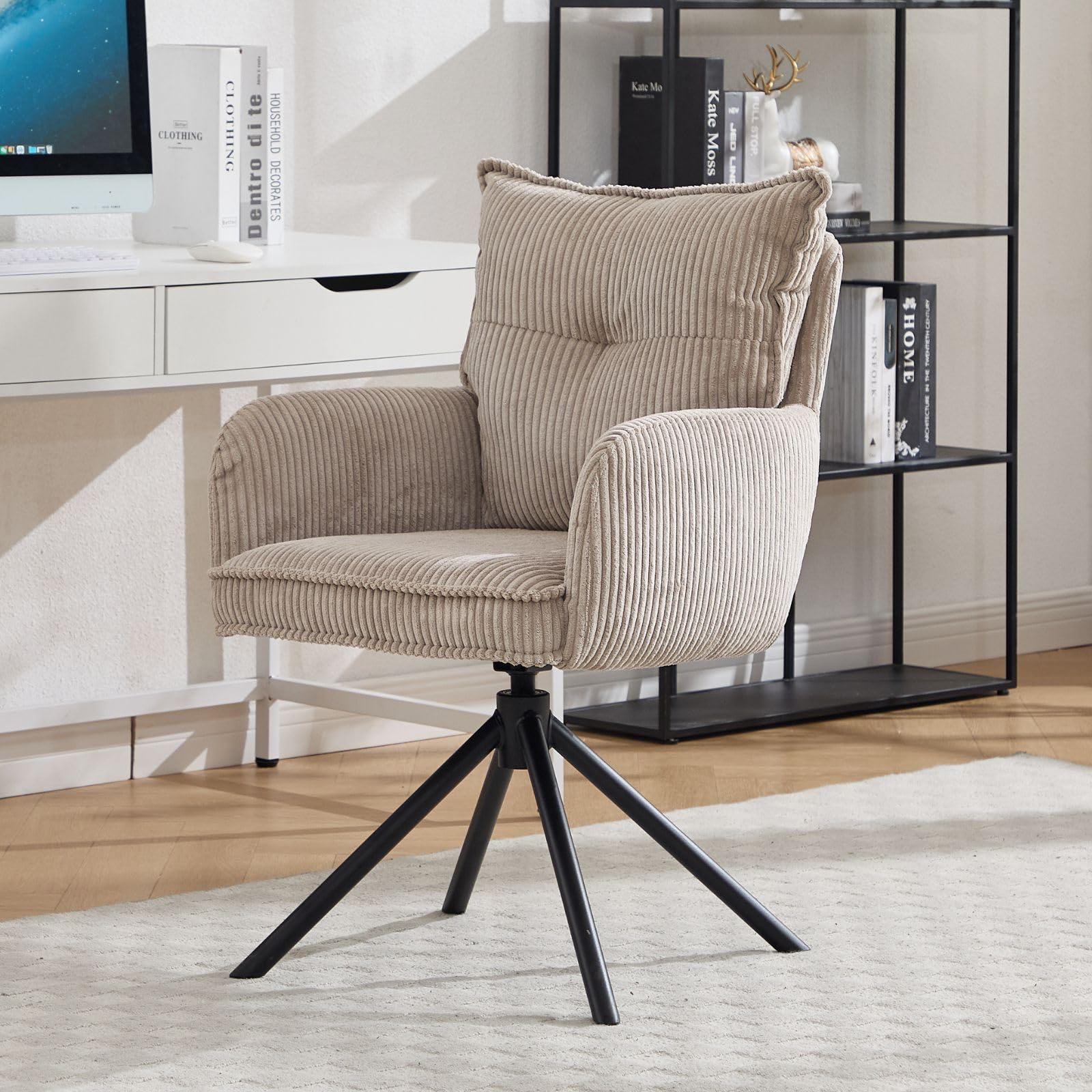 chairus Ergonomiczne krzesło biurowe do biura, sztruksowe, obrotowe 360°, wyściełane krzesło komputerowe z metalowymi nogami, szare