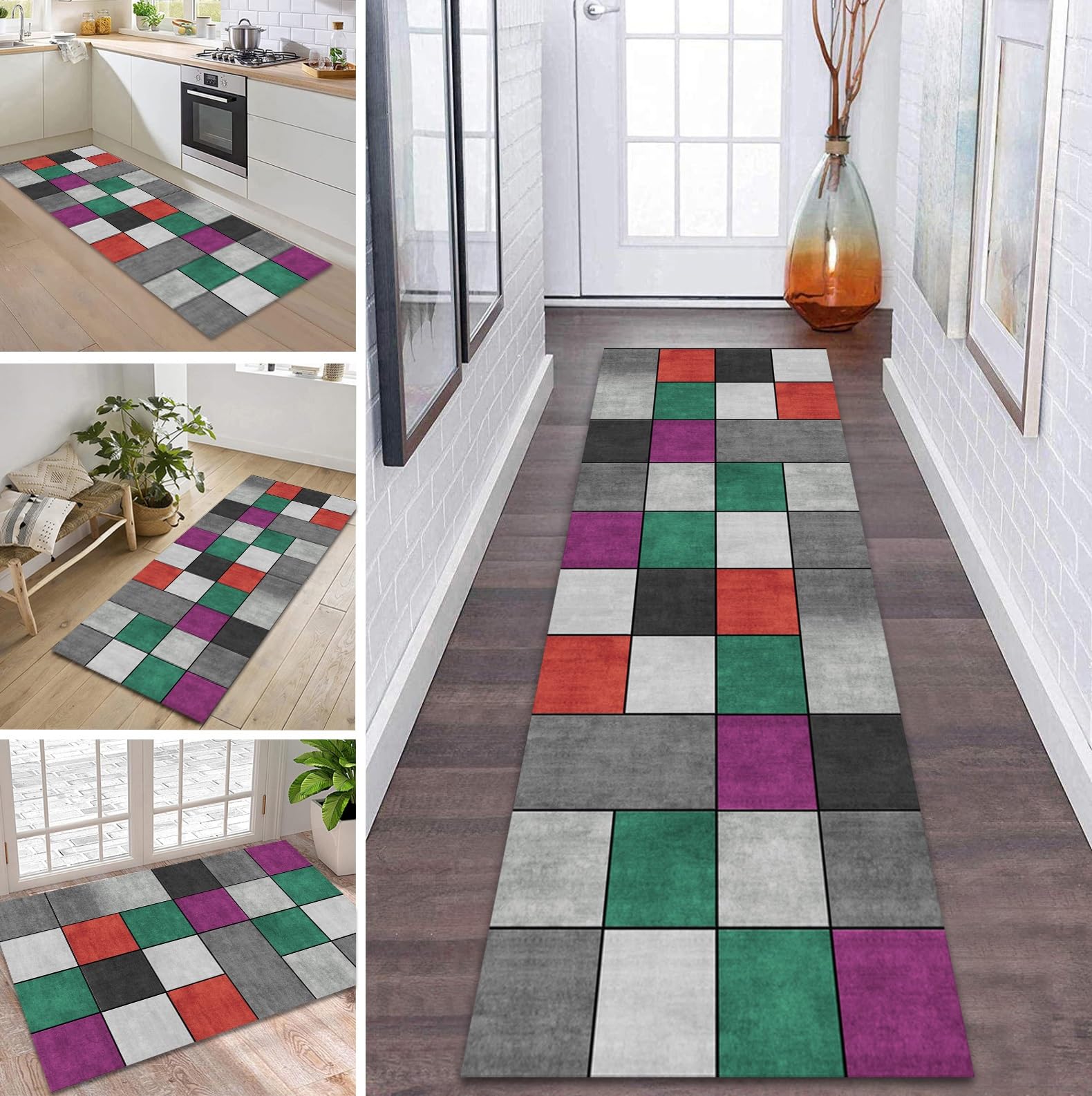 Tapis de cuisine antidérapant et lavable long motif moderne noir