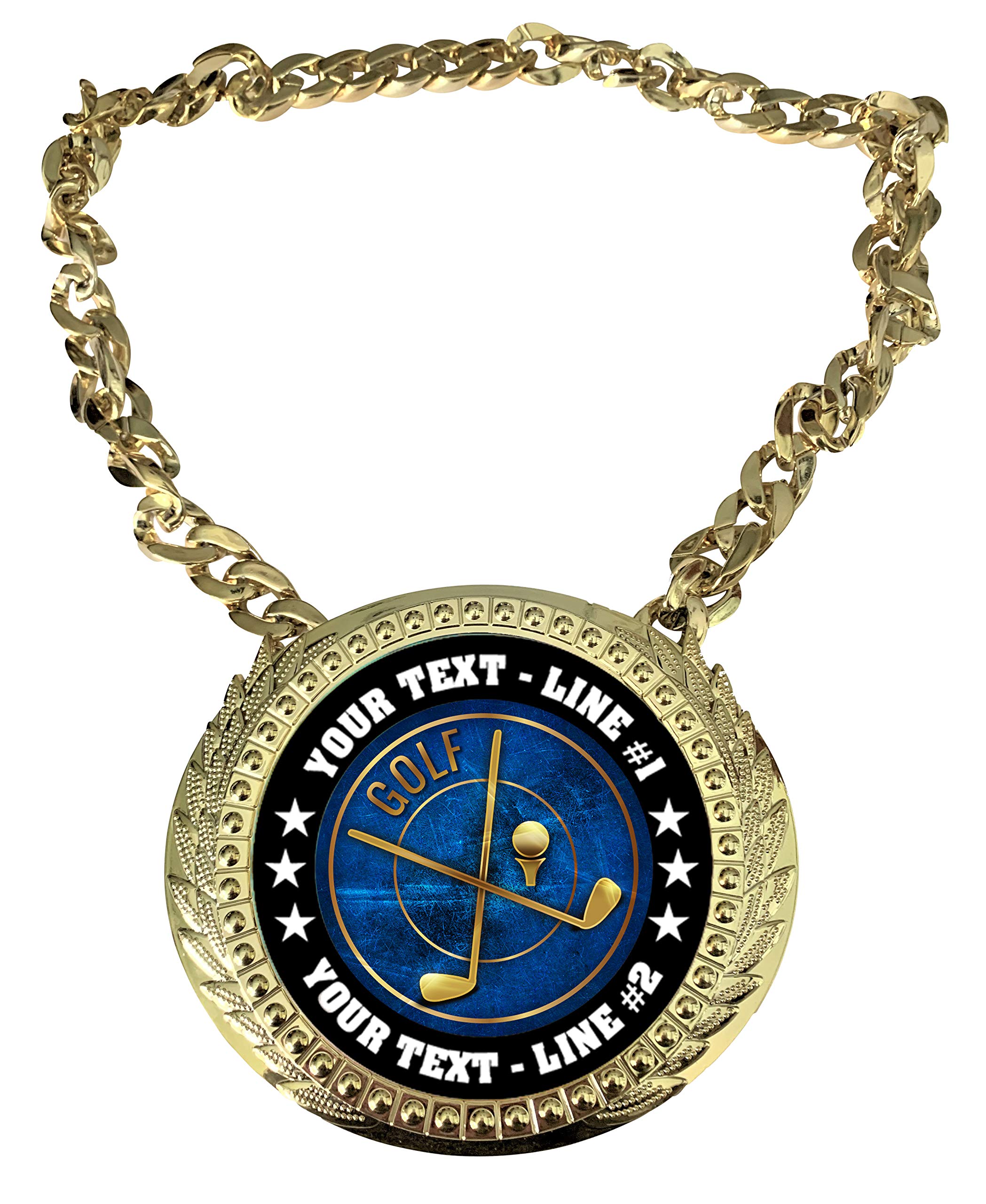 Express Medals Custom Golf Champ Chain Trophy with 2 Lines of Personalized Text on a Large Rigid Plastic Award Medal and 34 Inch Long Gold Color Neck