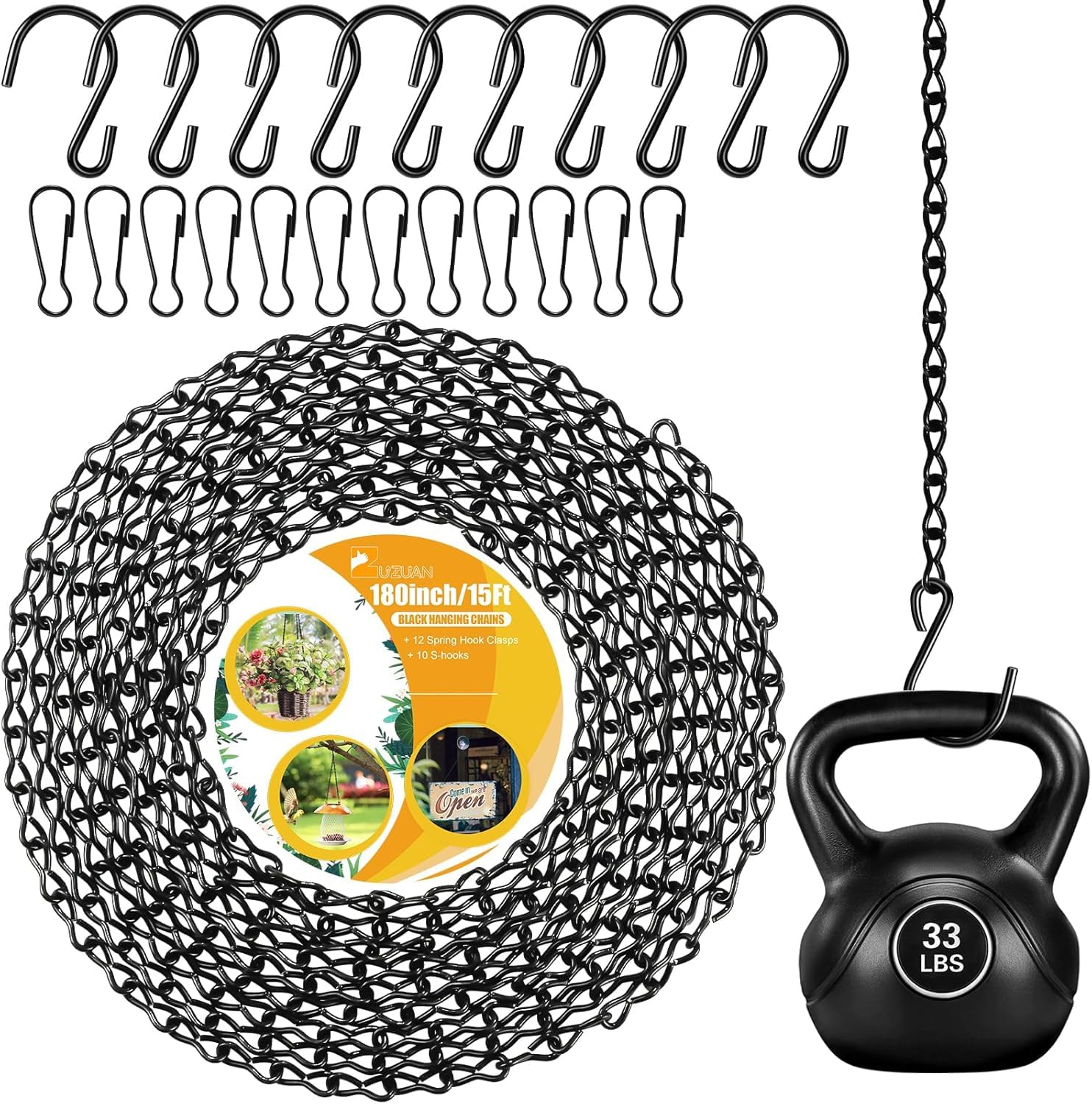 Heavy Duty Metal Hanging Chains with Hooks Set, Black, 180 Inch, for Planters, Bird Feeders, Grow Lights, Lanterns (1 Pack 180 inch)-image-30