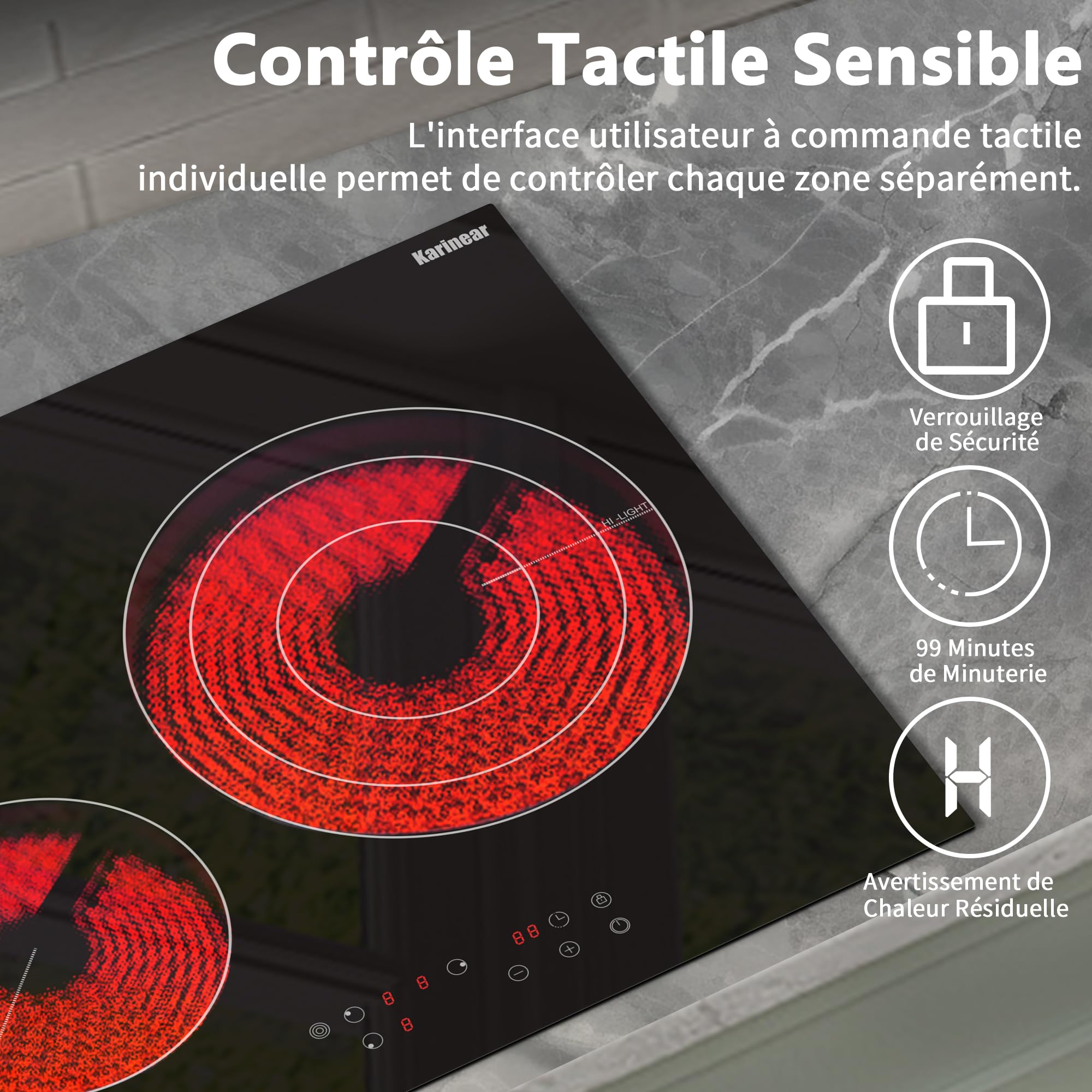 Karinear Plaque de cuisson Vitrocéramique 3 Feux | Table de Cuisson Électrique 59CM, Grand Disque, Commande Tactile, Minuterie, Verrouillage de Sécurité, 5700W, 220V