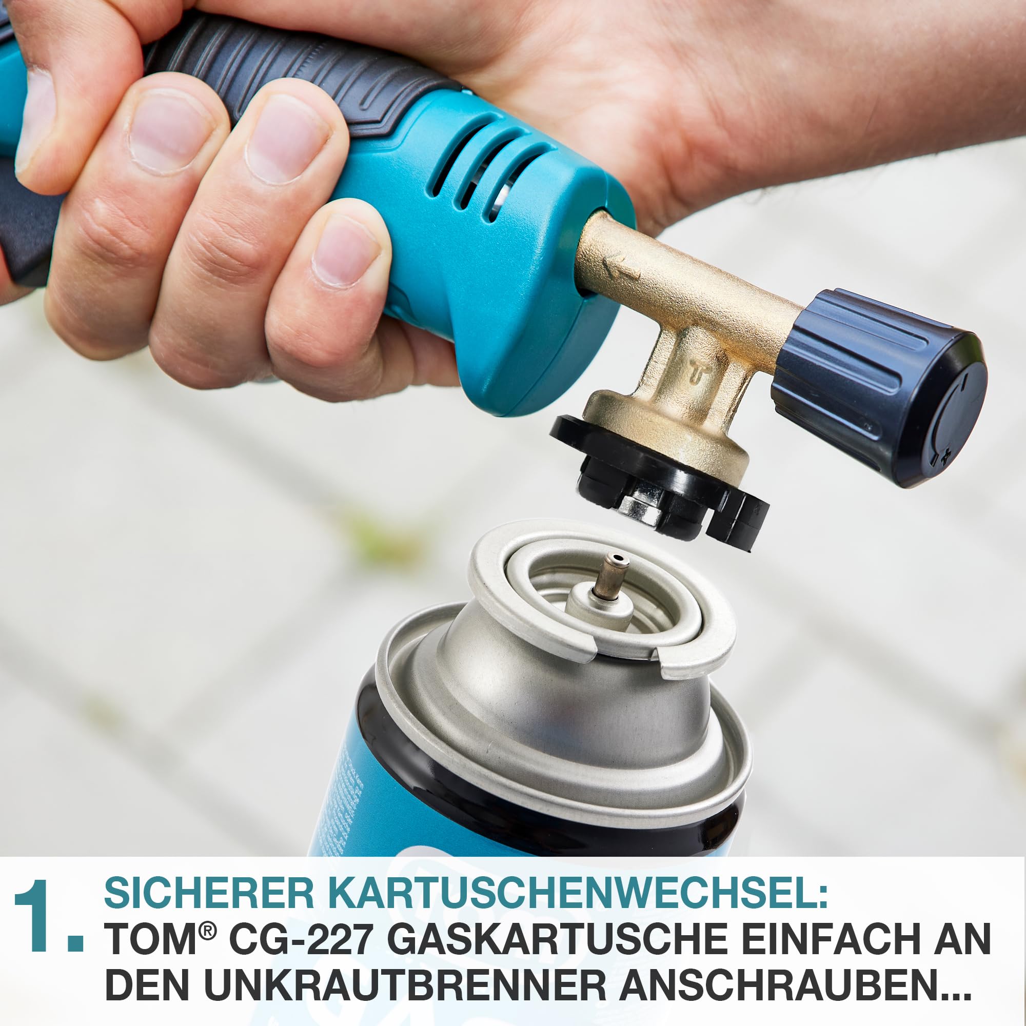 TOM Gas Unkrautbrenner Set + 8 x 400 ml Universal Gasflasche mit Schraubgewinde – Abflämmgerät ideal zur Unkrautvernichtung auf Pflastersteinen, Gehwege, Pflasterfugen