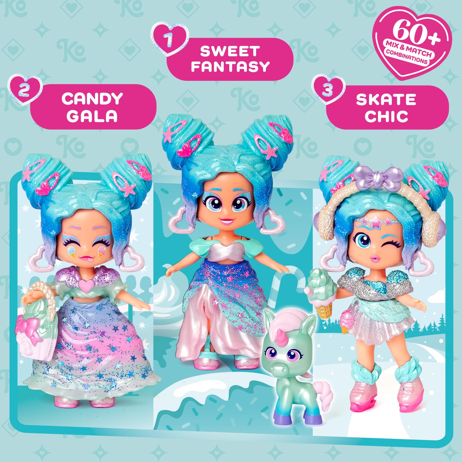 KOOKYLOOS CANDY LAND ICE CREAM STARS – 3 w 1 słodka stylowa lalka,zawartość:1 laleczka,3 stroje,2 pary bucików, mały jednorożec,przekąska, akcesoria Mix&Match i niebiesko-turkusowa torebka babeczka.