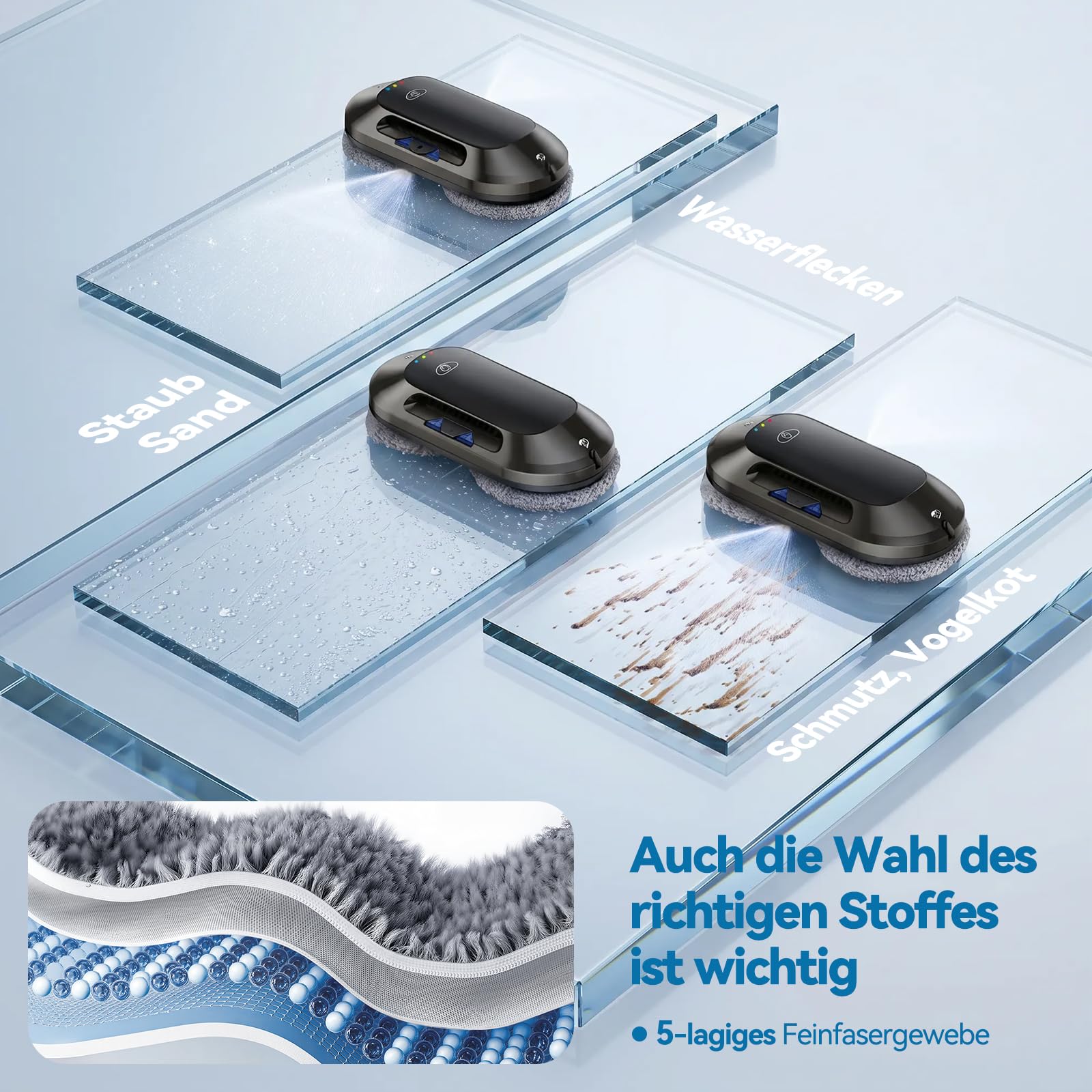 W23D 6500Pa Fensterputzroboter mit Doppeldüsen-Sprühfunktion, Elektrischer Fensterroboter Für Fenster/Fliesen, <65dB, Intelligente Navigation,10 Reinigungstücher, Robot Lave Vitres