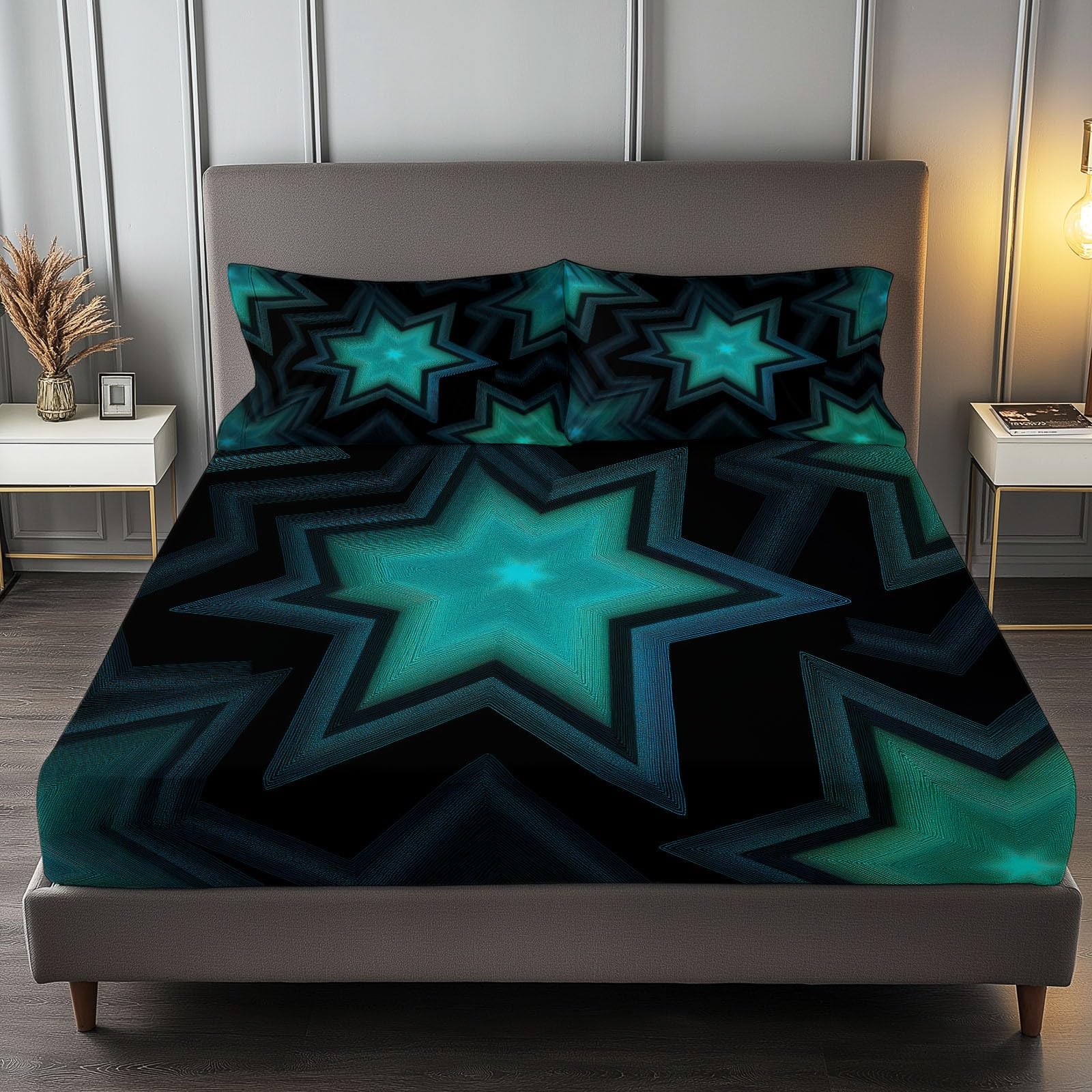 Drap housse 200x200 cm pentagramme vert grand bonnet 30cm avec taies d'oreiller