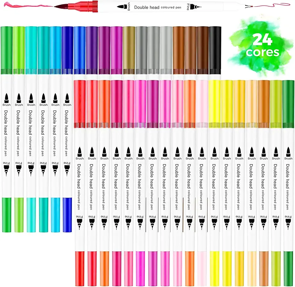 Caneta Brush Pen Ponta Dupla Kit 24 Cores 2 em 1, Pontas Pincel e Fina, Canetinha Colorida para Lettering, Escolar, Desenho, Caligrafia, para Colorir e Detalhes