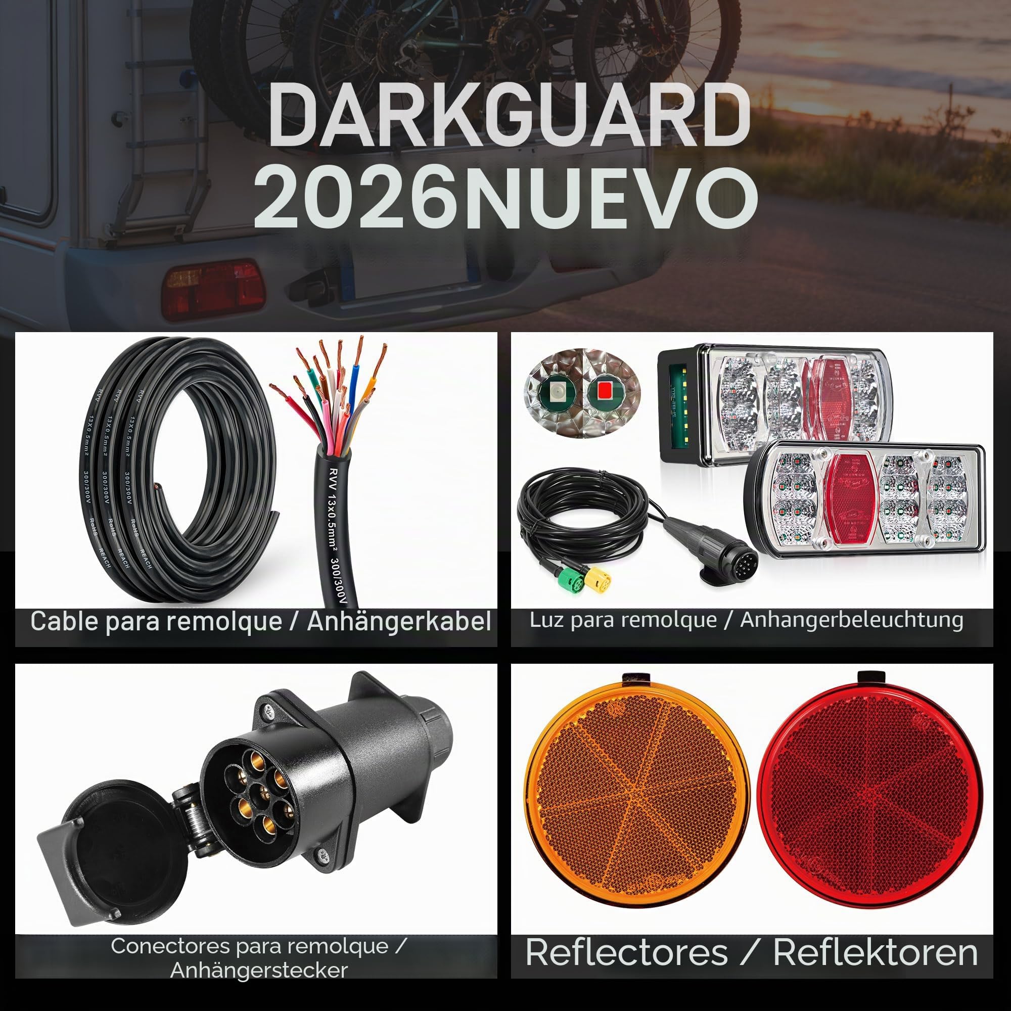 Pilotos Traseros Led Kit Luces Remolque 13 Pines 12V 24V 7Funciones con Luz de Piloto Marcha Atrás Plug & Play Conector Bayoneta 5 Pines Pre-cableado 5,5m para Caravana, Camion E57 IP65
