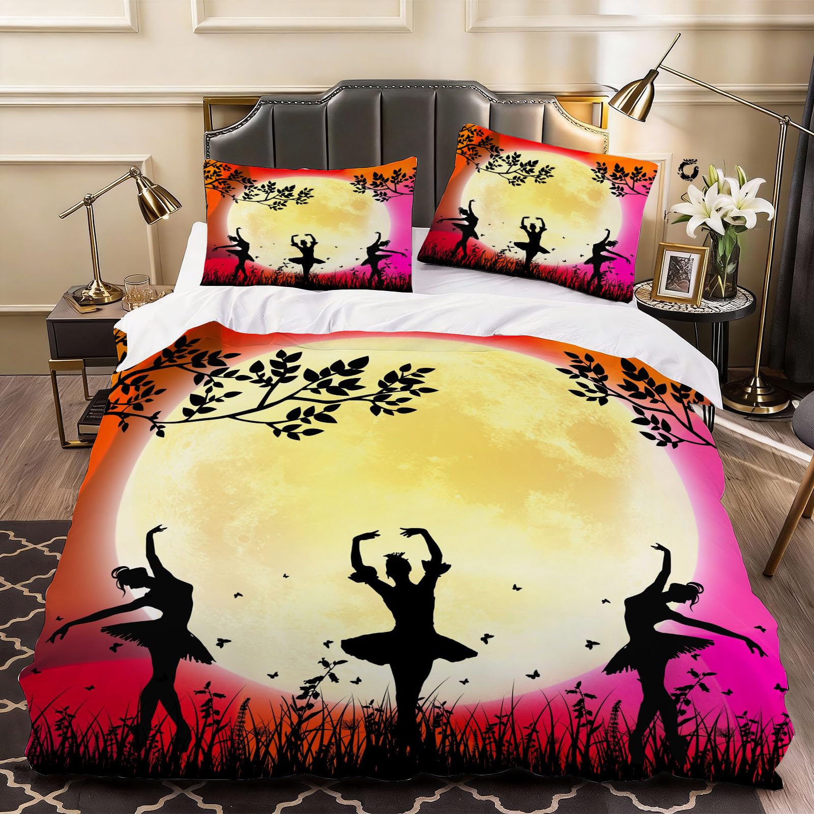 3D Princess Ballet Duvet Cover Girls Dancing Bedding Double Bed Set, Soft Microfiber Comforter Cover Printed with Zipper Closure Quilt Coverr 200x200 cm and 2 Pillowcases