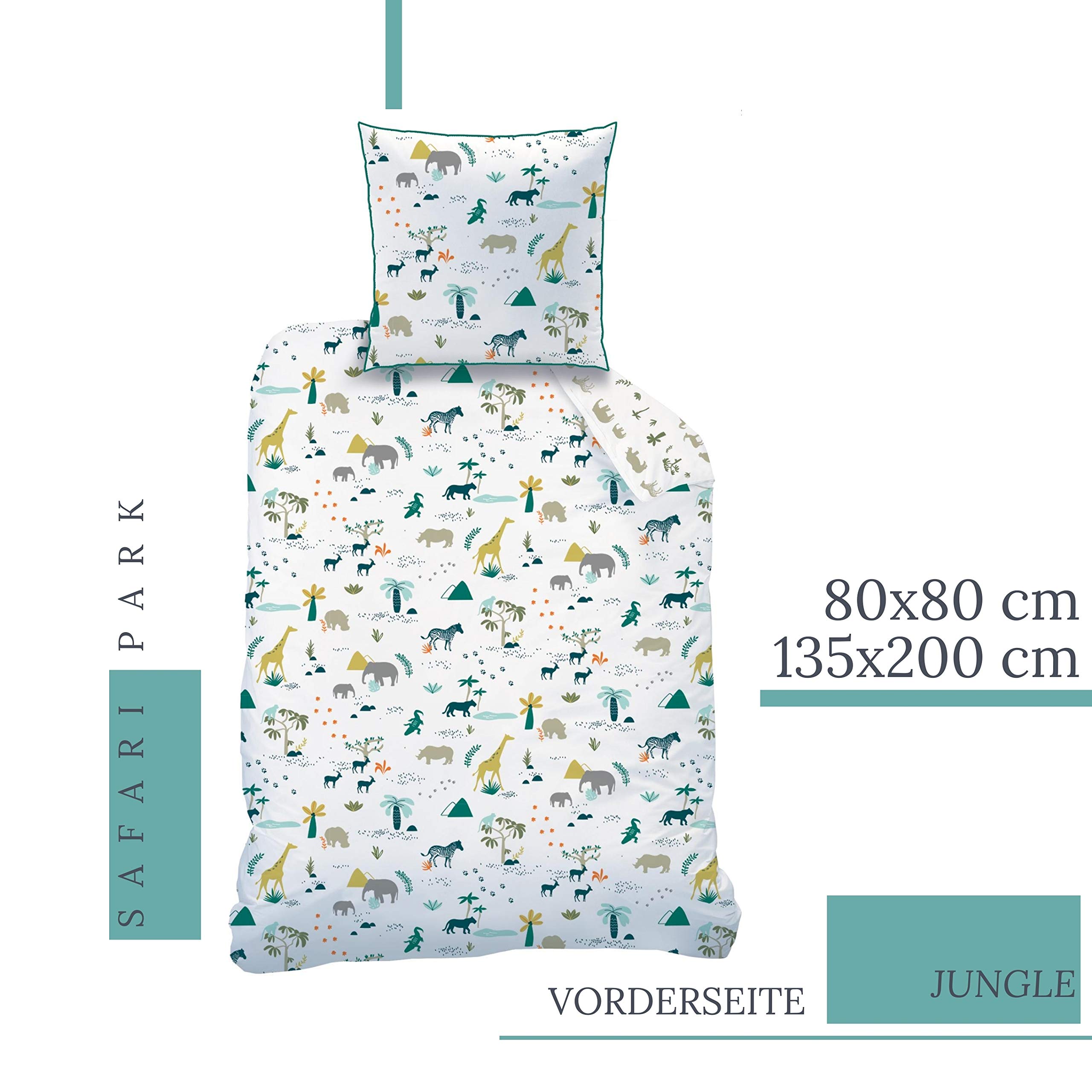 Kinderbettwäsche 135x200, Tiermotiv Bettzeug Safari Tiere Zoo-Tiere für Jungen und Mädchen, 100% Baumwolle, Kissenbezug 80x80 + Bettbezug 135x200 cm