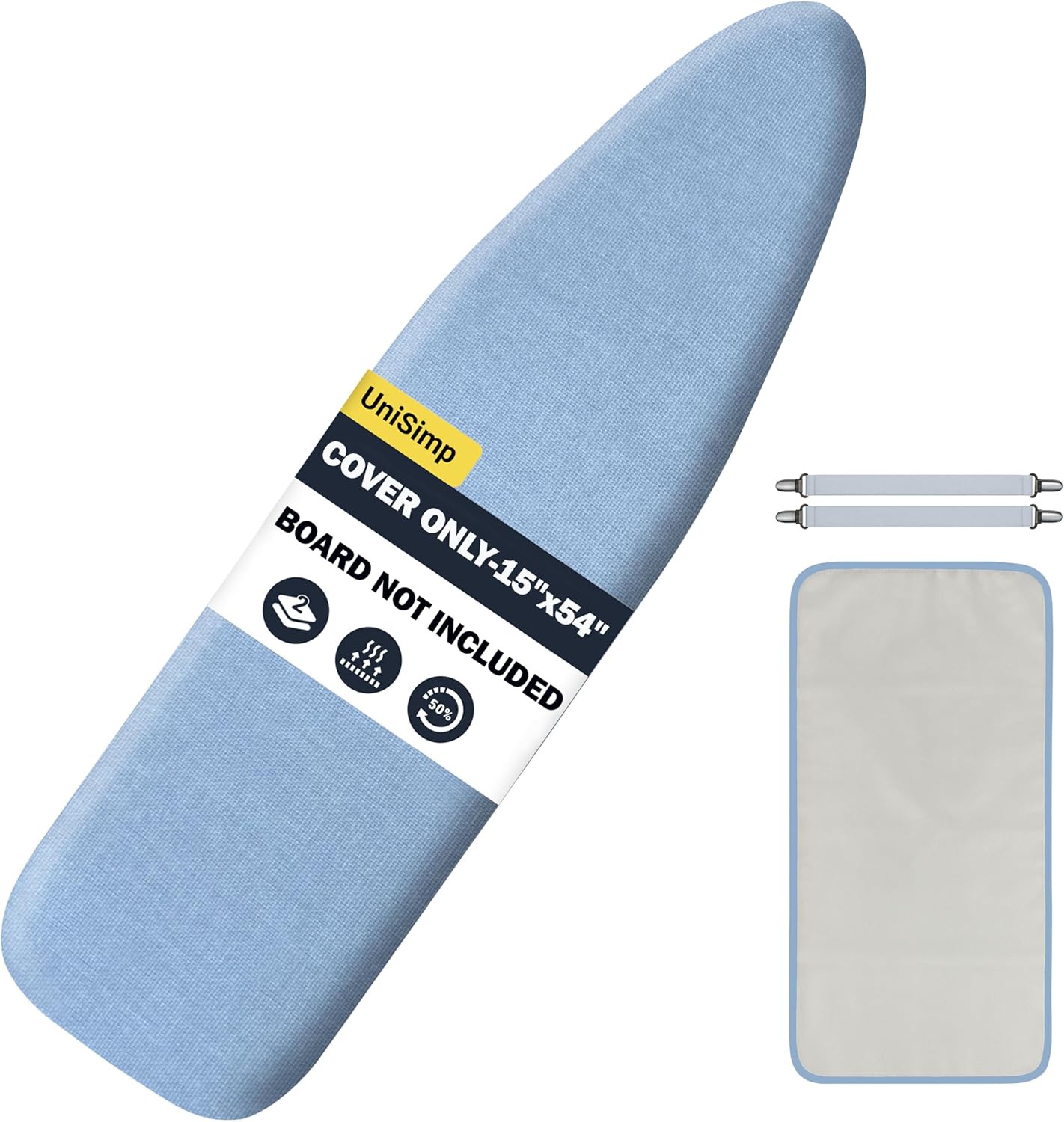 Ironing Board Cover and Pad 15X54“ - Extra Thick Natural Cotton, Scorch & Stain-Resistant Padding, Standard Size Iron Board Cover with Metal Fasteners Heavy Duty Elastic Edge, Heatproof-Blue Solid Blue 15X54“