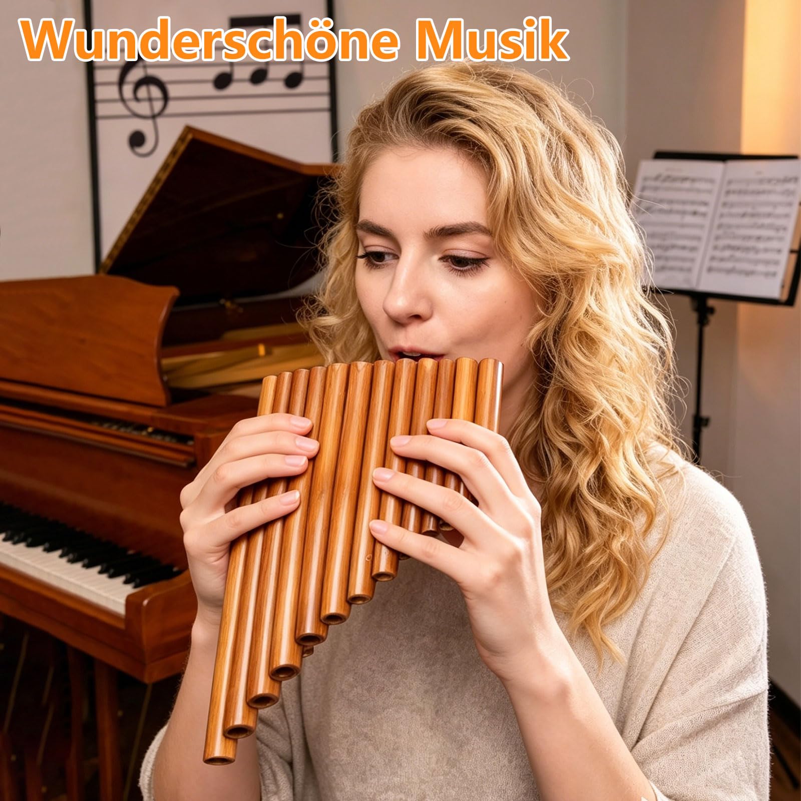Panflöte 15 Pfeifen, Instrument Aus Bambus, G-Ton, Rechte Hand | mit Umhängeband, Reinigungstuch, Reinigungsstift und Aufbewahrungsbeutel, für Anfänger, Musikinstrumente