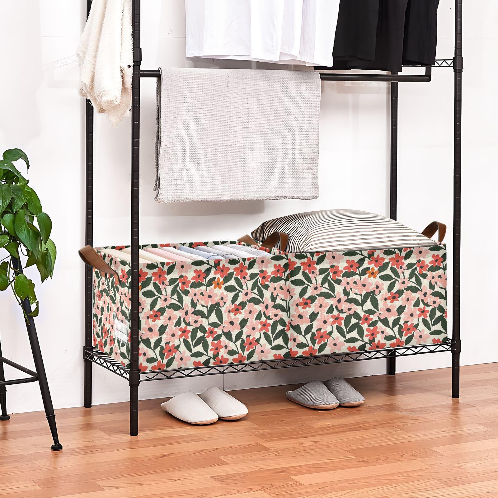 KLL Kwiatowy wzór składane kosze do przechowywania z uchwytami organizer pojemniki do szafy, półki, komody, 2 szt. cajas de almacenamiento para closet