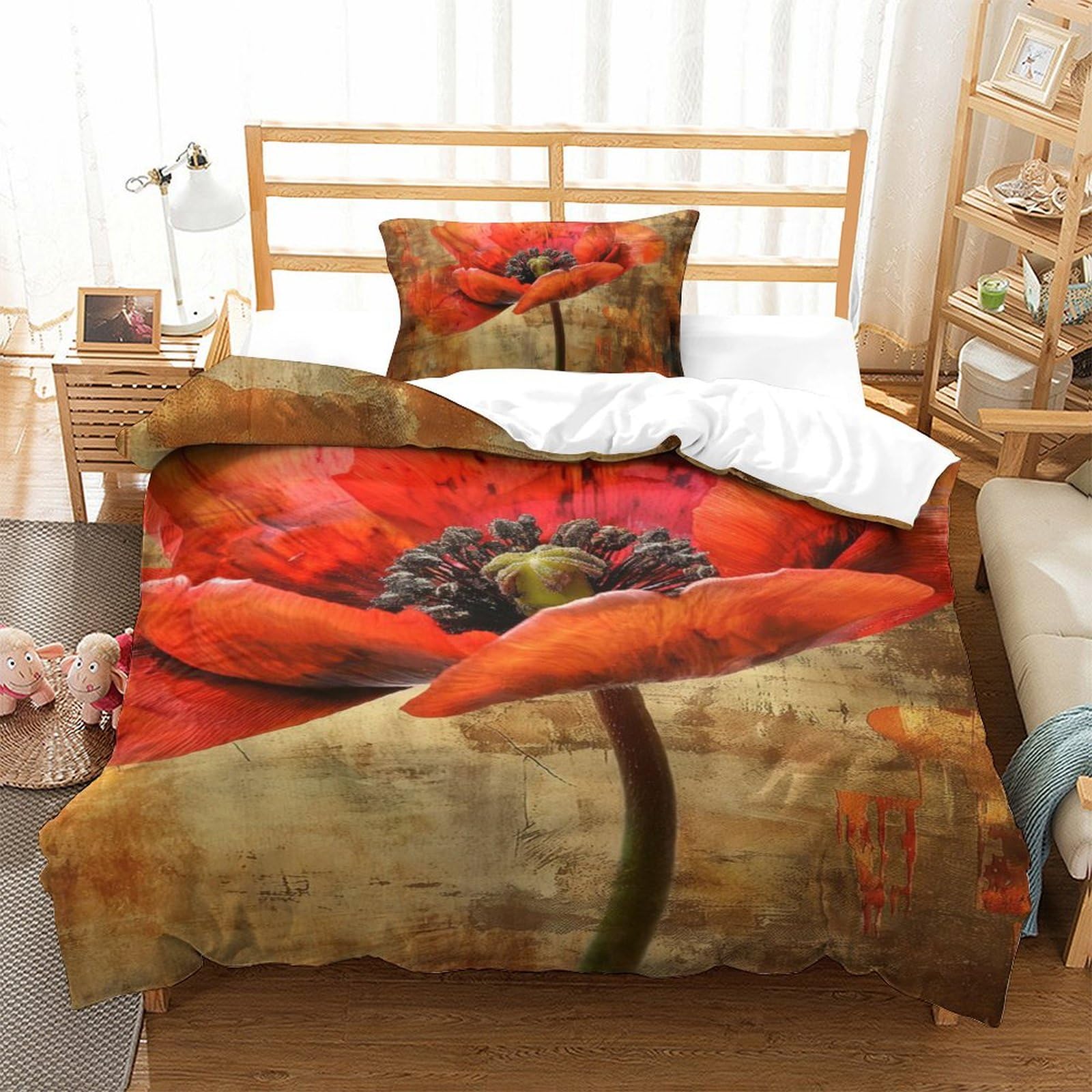 Housse de couette fleurs rouges en microfibre douce imprimé 3D vibrant avec fermeture éclair