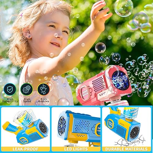 Miniatura 3 de Máquina de 2 pistolas de burbujas para niños pequeños con luz de 8 agujeros con 2 soluciones de recarga para niños, fabricante automático de