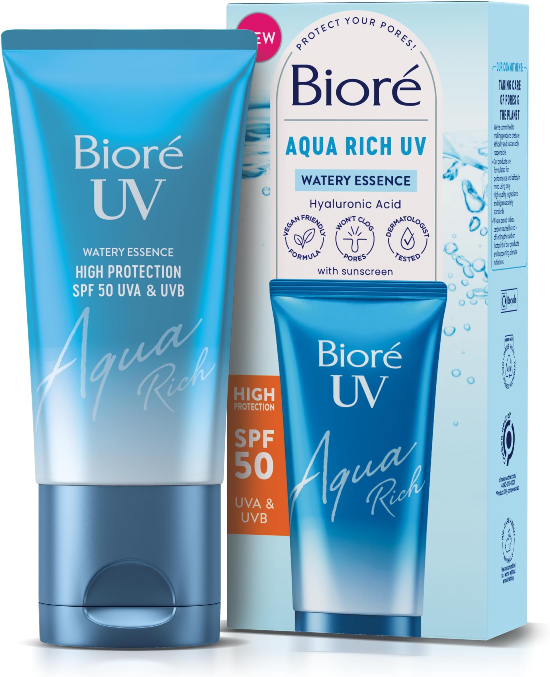 Biore SPF 50, Aqua Rich UV Watery Essence, Invisible High Protection, Hydrates With Hyaluronic Acid, No White Cast, Non Oily Sun Cream, Japanese Sunscreen, 50ml