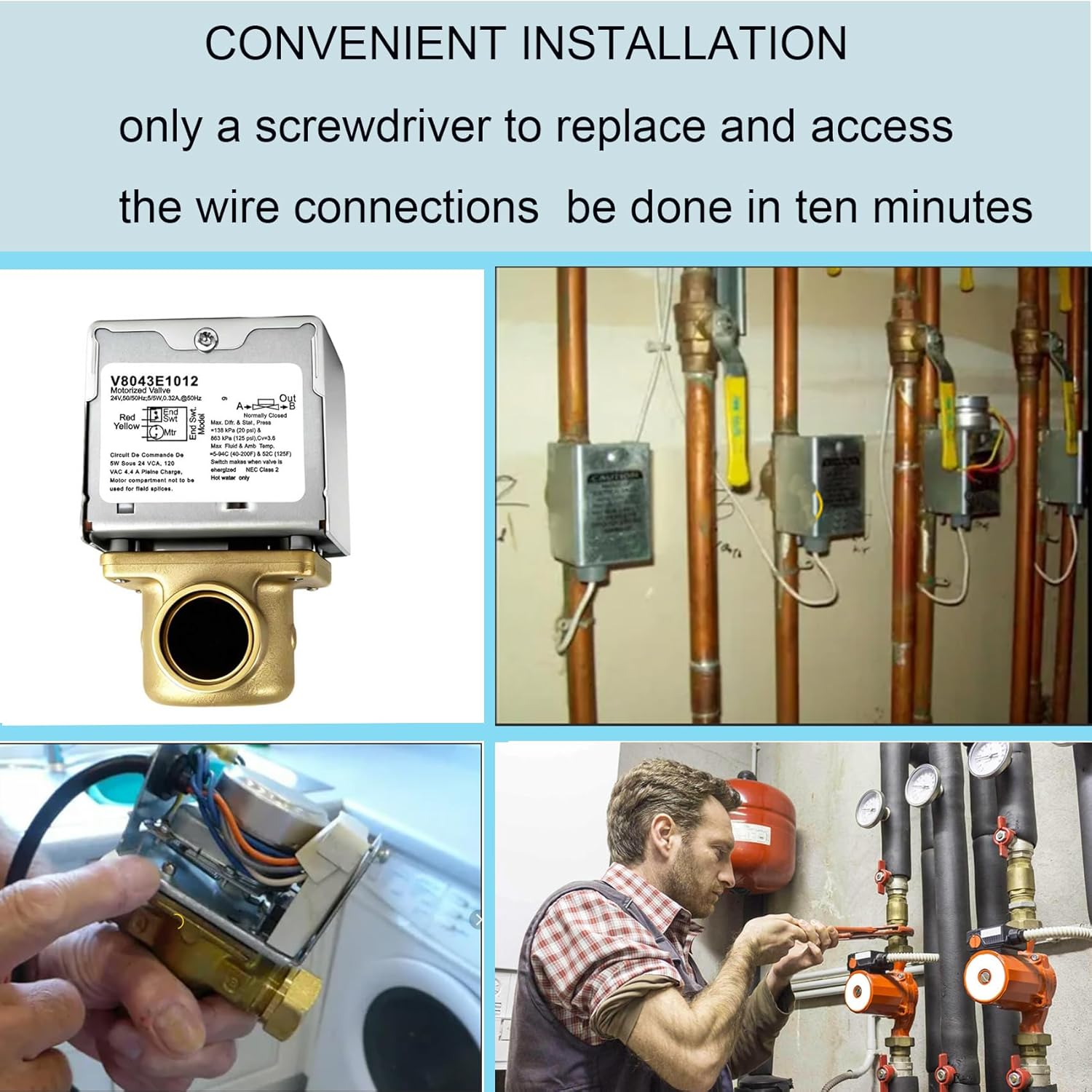 For Honeywell V8043E1012 3/4" Sweat Zone Valve, Replace for Honeywell GID-661677 Zone Valve/Zone Actuator,18" Leads Connection, 2-Way 4-Wire Thermostat Control and An End Switch,10 Years Warranty
