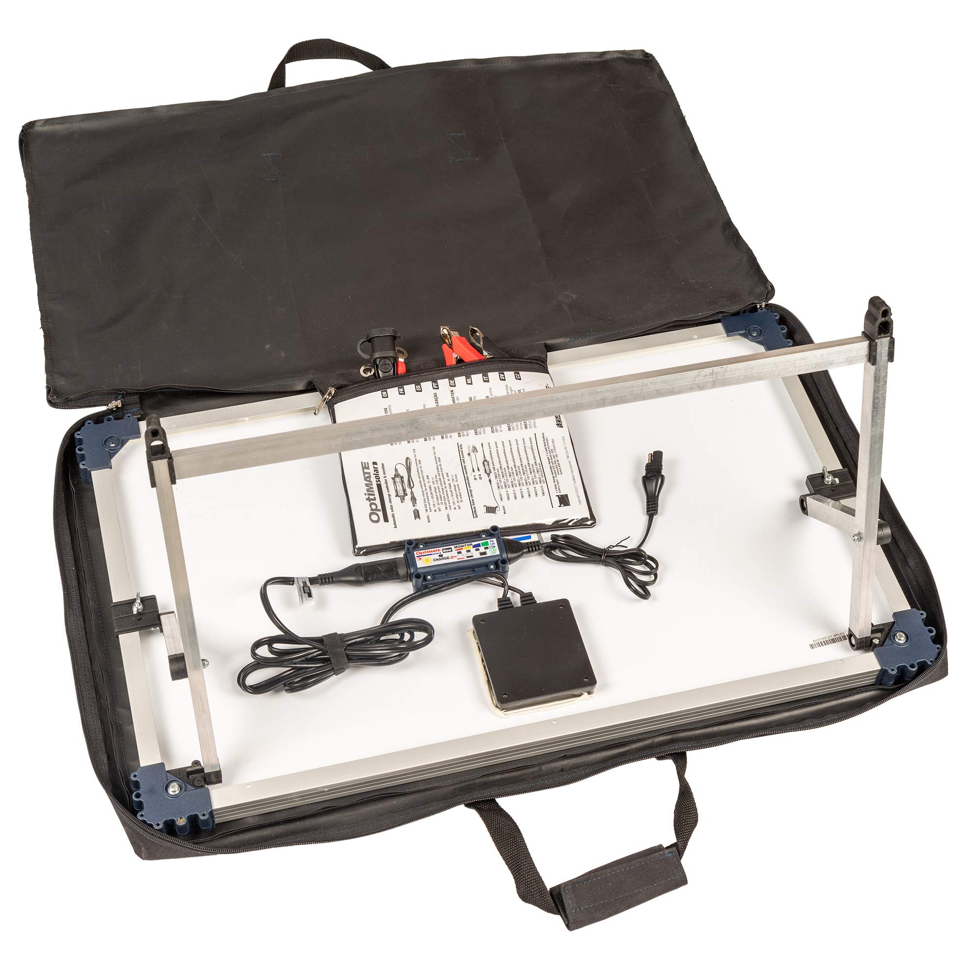 Kit Solaire Portable OptiMate Solar Duo 40W 12V – Chargeur Solaire Intelligent 6 étapes 3,3A avec régulateur, Support réglable & Sac – AGM, Gel, STD et LiFePO4
