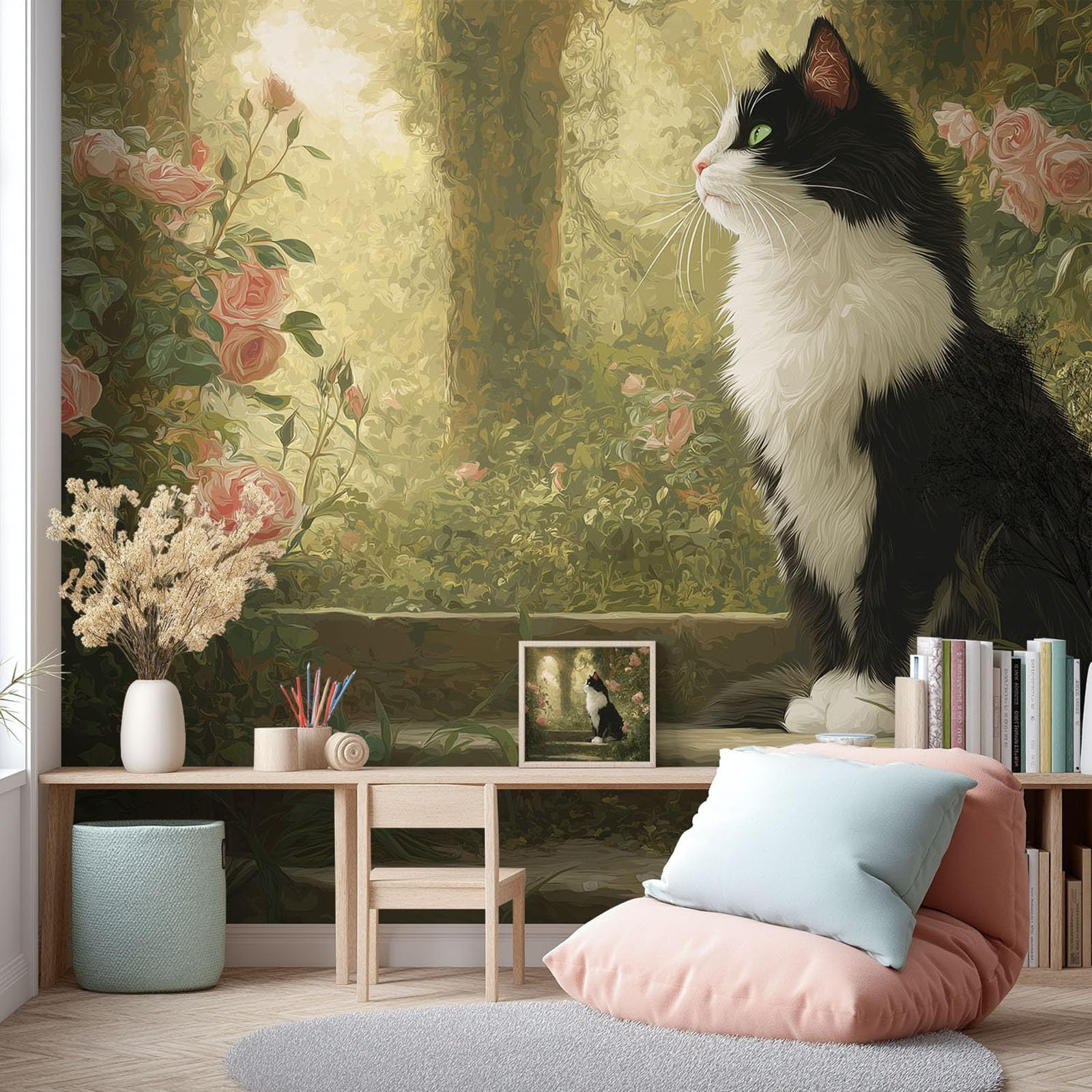 Fototapeta vintage, przytulna, wiejska fototapeta dekoracja plakat kot, kwiatowy, zwierzę zdjęcie tapeta wysokiej jakości mural salon, sypialnia, biuro dekoracja domu