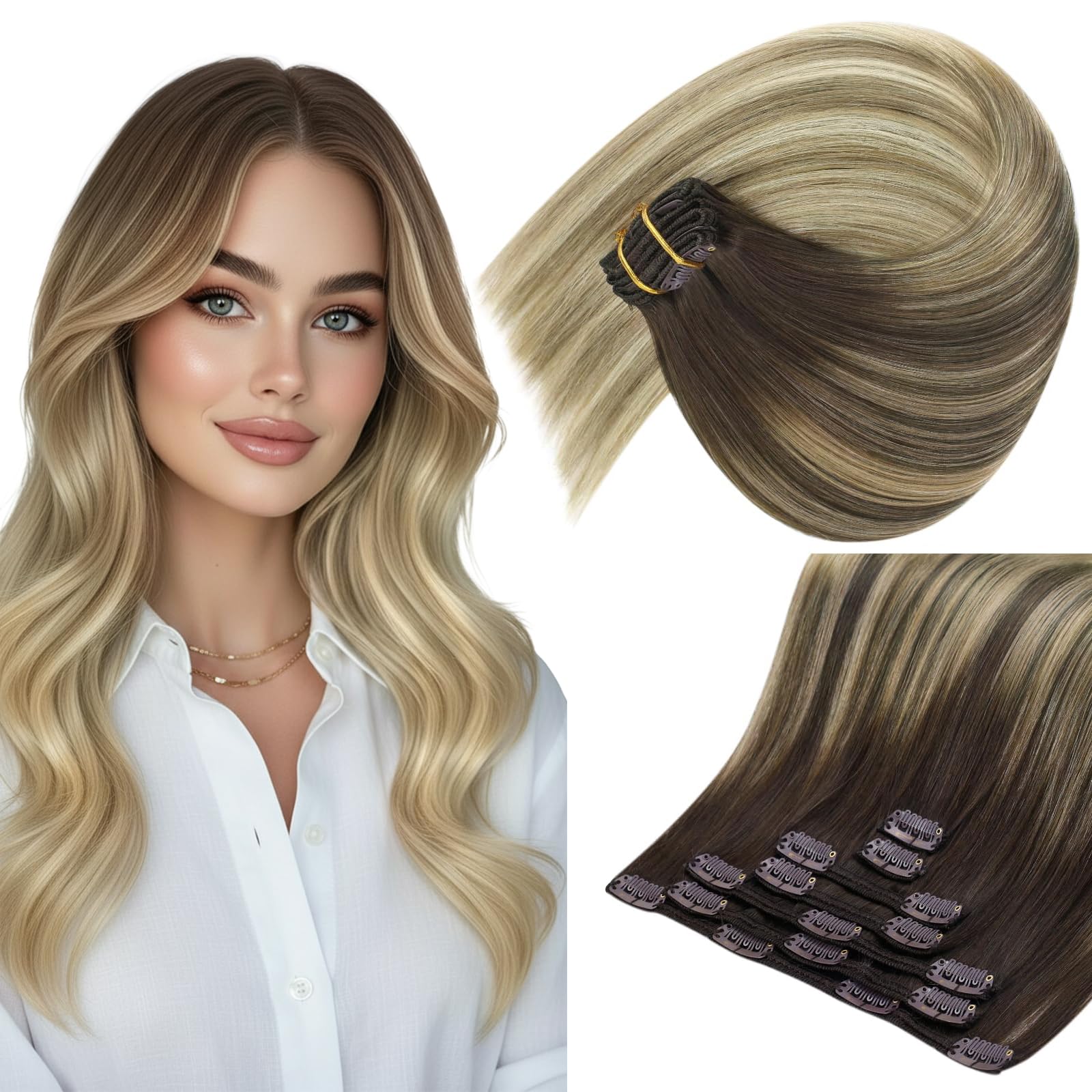 Sunny Hair Clip in Hair Extensions Real Human Hair 120g Remy Hair Clip in Extensions for Women Human Hair Extensions Brown Ombre Golden Blonde
