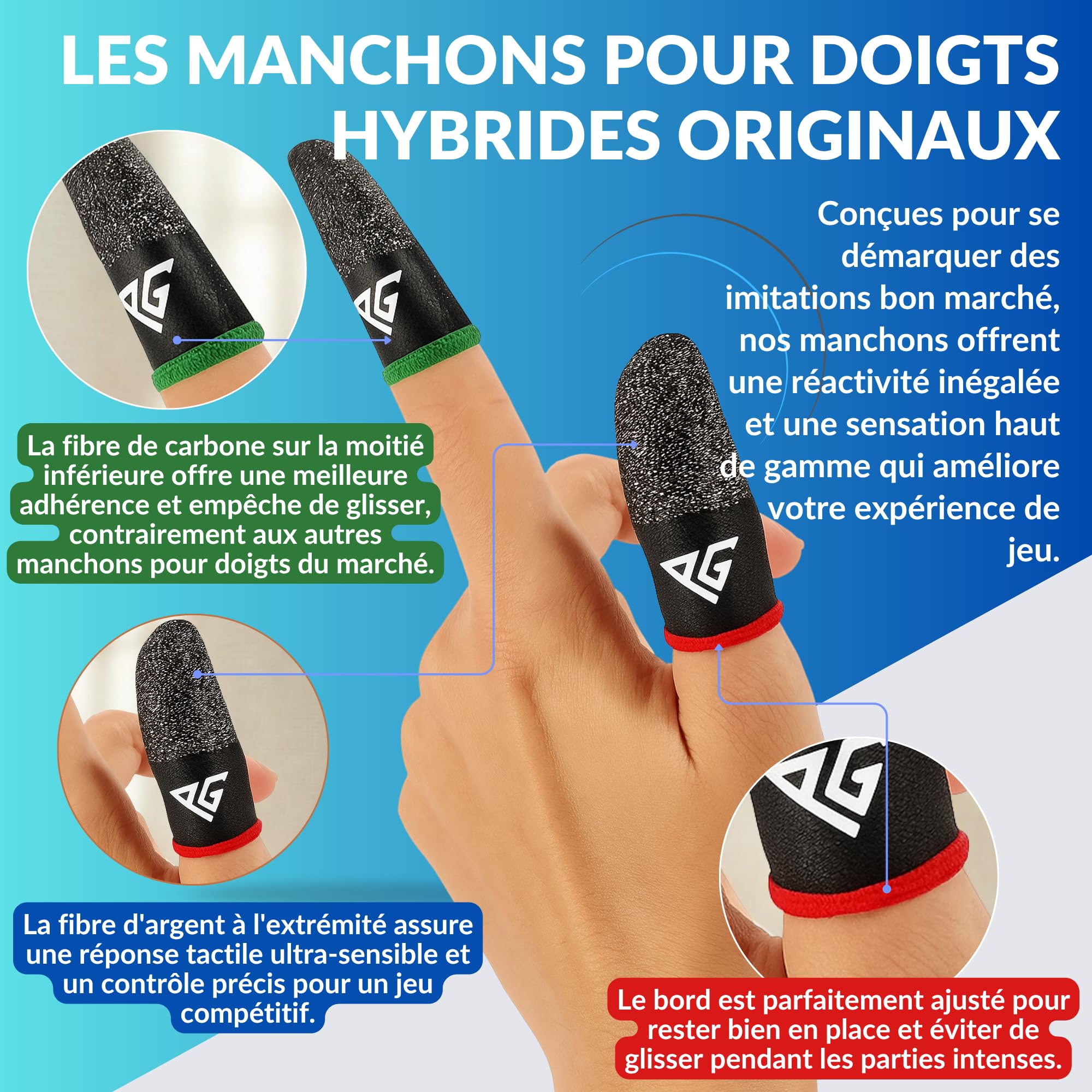 Manchons de Doigts pour Jeux Mobiles, 3 Paires Hybrides Fibre de Carbone et d’Argent, Sensibles et Respirants 0,3 mm Anti-Transpiration, Compatibles avec PUBG Mobile (Taille Standard)