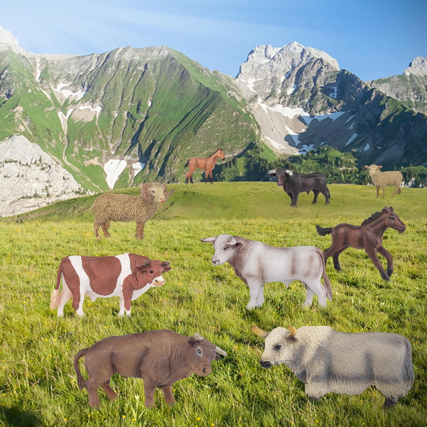 LC JoyCre Bull Toys Bulk Playset 9PCS Cows Toys for Toddlers Sheep Figures Appaloosa Foal Figures Sheep Model Kids Birthday Party Collection