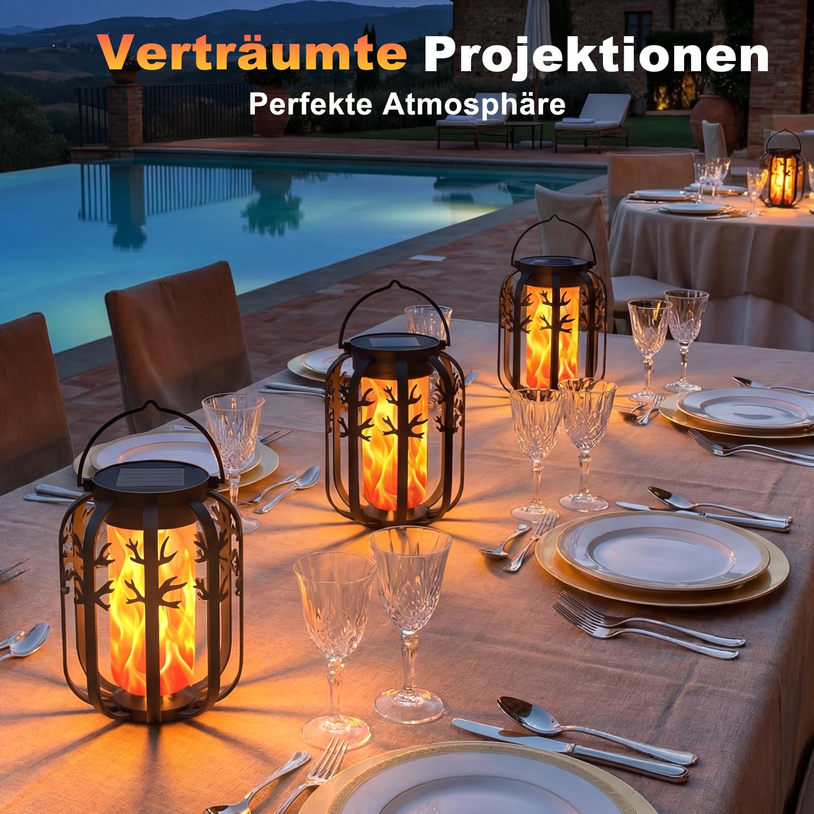 Solarlampen für Außen, 4 Stück Verbessert Solar Laternen für Draußen mit Realistische Flammeneffekte, Dual-Modus-Aufladung USB & Solar, Lampions Außen Wetterfest für Garten, Balkon, Hof Deko