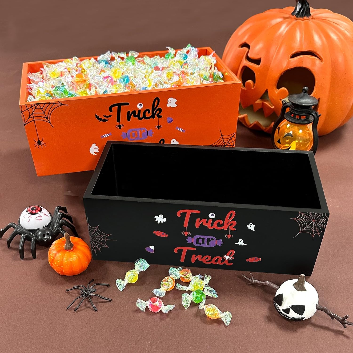 2 PCS Halloween Candy Bowl Wooden Funny Dish Trick or Treat Basket Thanksgiving Candy Dish Holders for Halloween Holiday Party Supplies Indoor Table Decor image 4