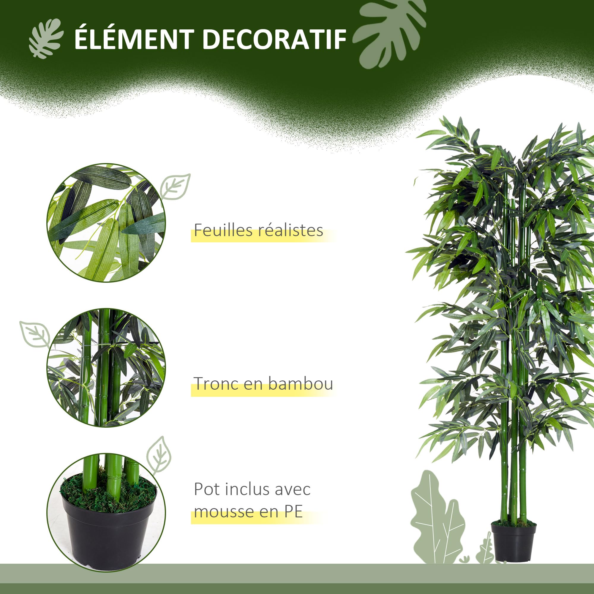 Outsunny Bambou Artificiel XXL 1,80H m Arbre Artificiel Feuilles denses réalistes Pot Inclus Noir Vert