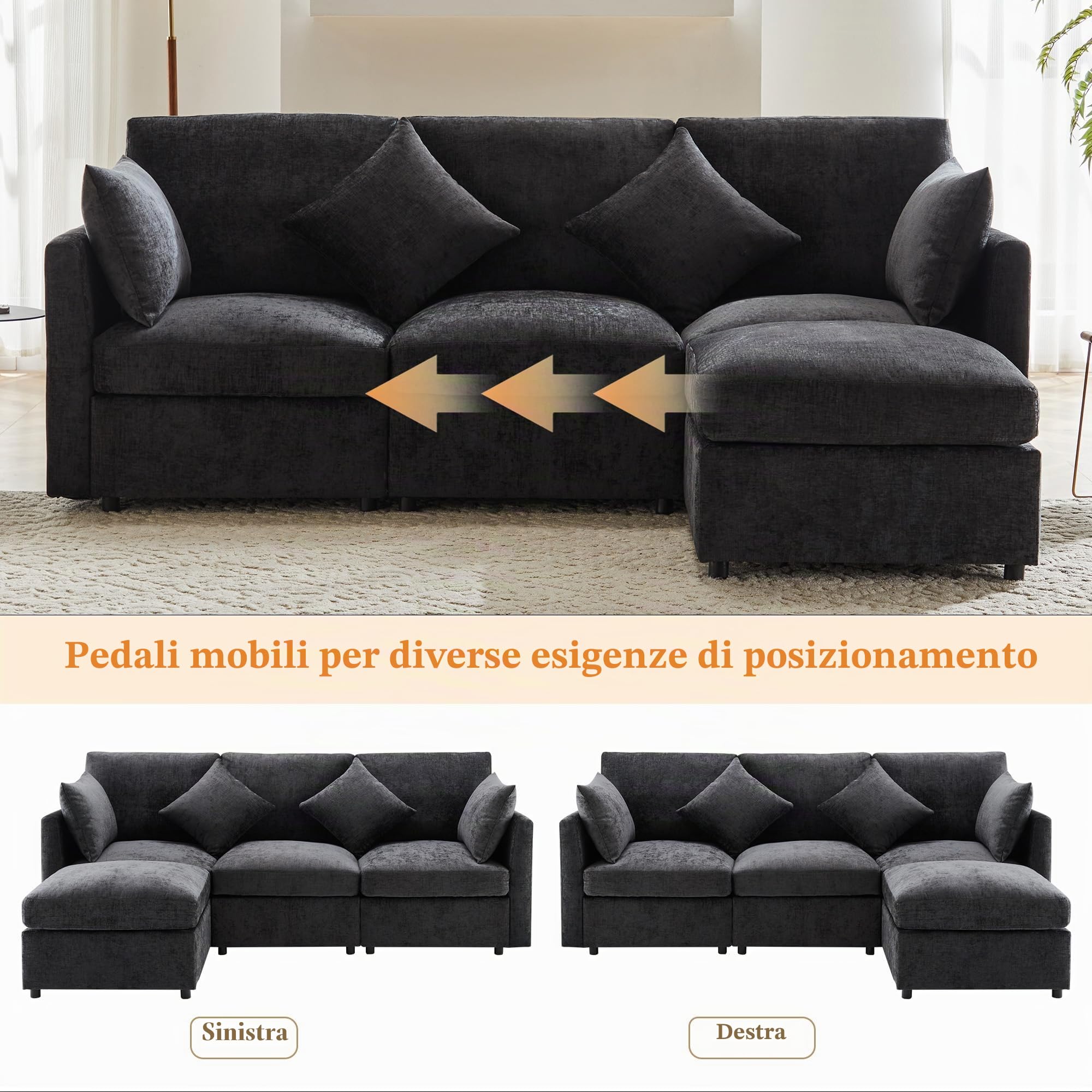 Azkoeesy Moderno divano angolare a forma di L con poggiapiedi, 3-4 posti, in ciniglia, con 4 cuscini, per soggiorno, 216 x 161 x 81 cm (grigio)