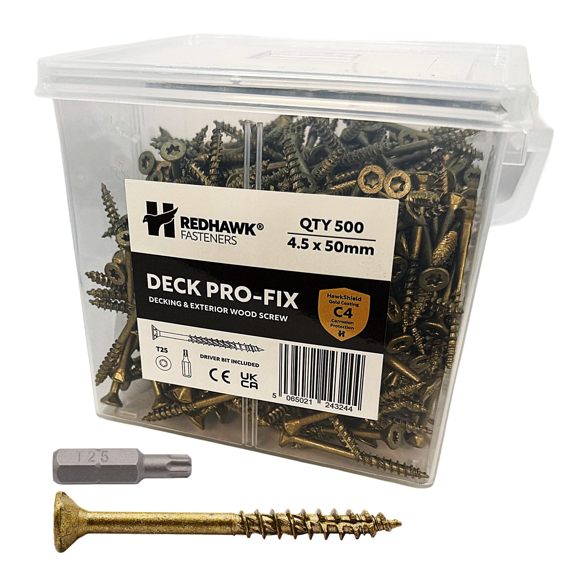 Redhawk Fasteners® Deck Pro-Fix Wood Screws HawkShield Gold – C4 Corrosion Resistant, TX25, Self-Countersinking, Type 17 – Decking & Exterior Wood Screws 4.5 x 50mm + TX25 Driver Bit (Tub 500)
