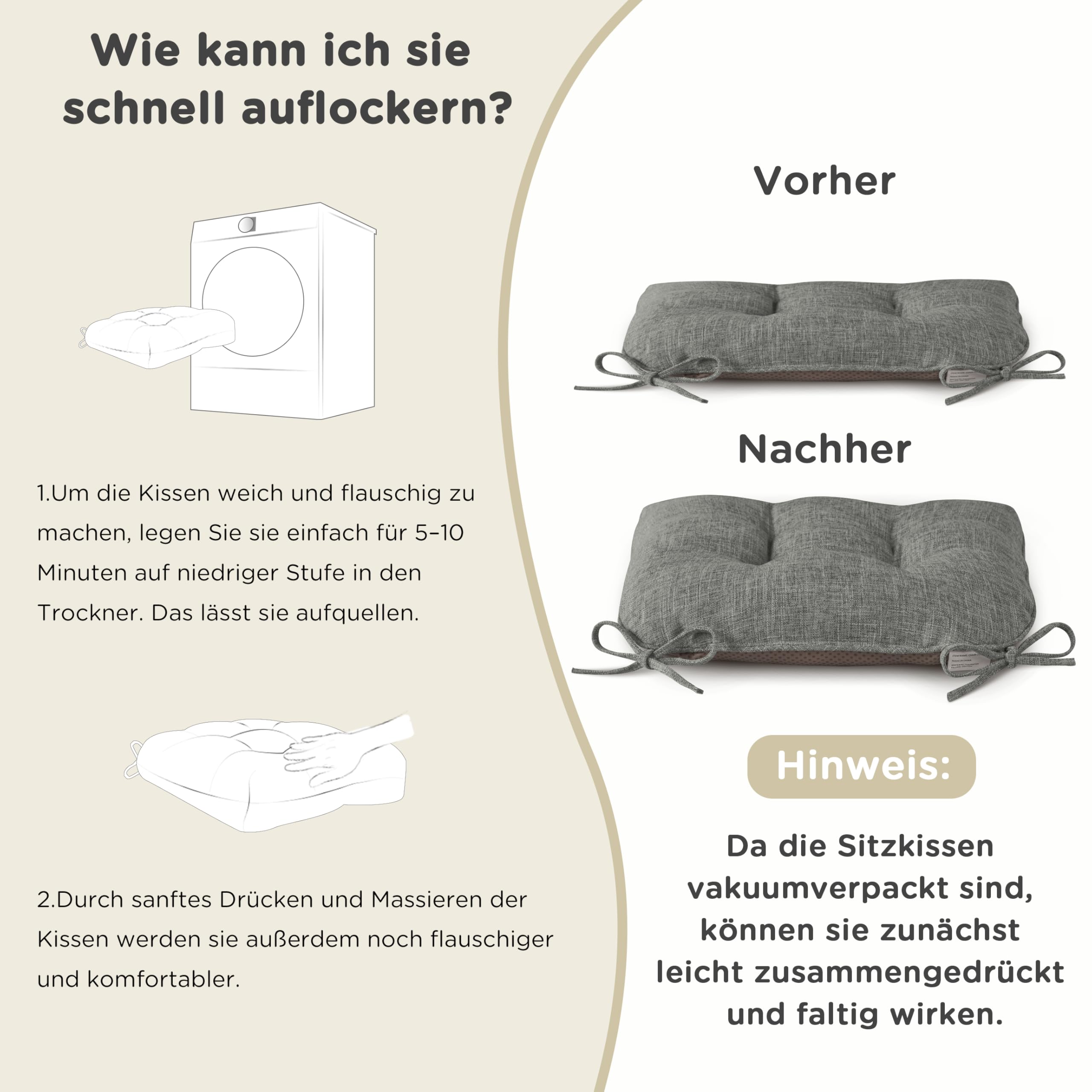 AddGrace Sitzkissen für Esszimmerstühle 4er-Pack 46x44x8cm Hellgrau | mit rutschfester Unterseite und Bändern, geeignet für die meisten Esszimmer- und Küchenstühle, strukturierter Stoff, bequem