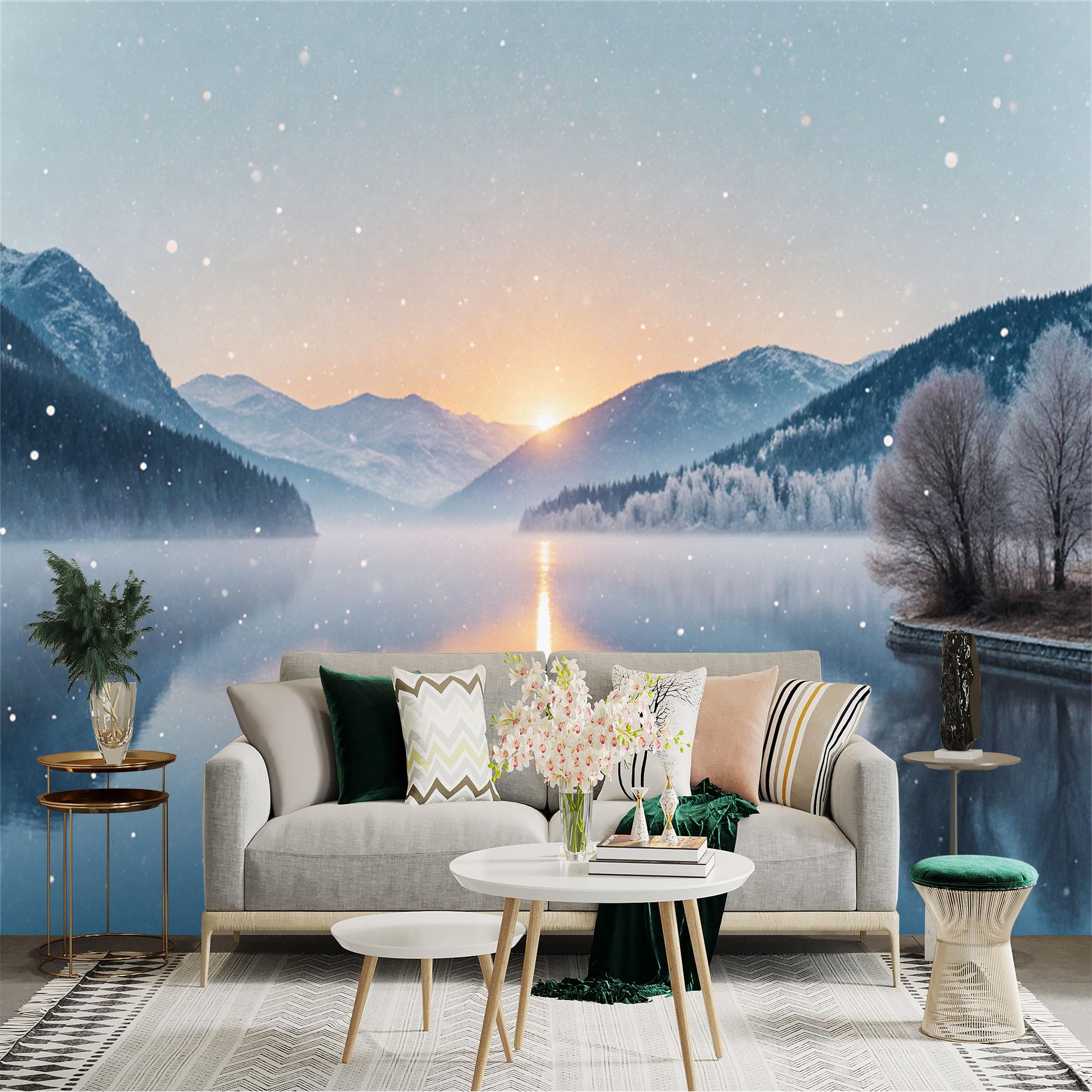 Custom Size Wall Sticker Mural， Snowy Mountain Lake， Winter Sunrise Scenery， Calm Morning Lake， Frozen Landscape， for wall Decoration， peelandstick wall Decals.