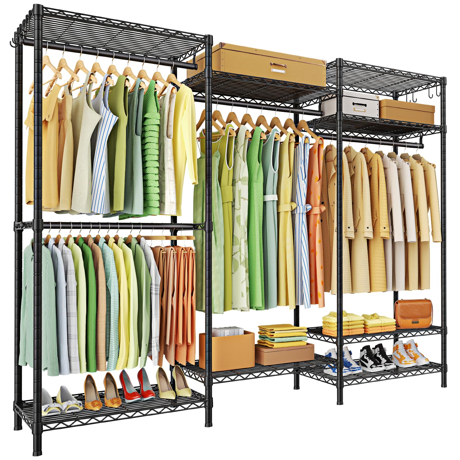 Ulif E13 Heavy Duty Clothes Rack With 4 Hanger Rods 8 Shelves Freestanding Clothing Racks for Hanging Clothes