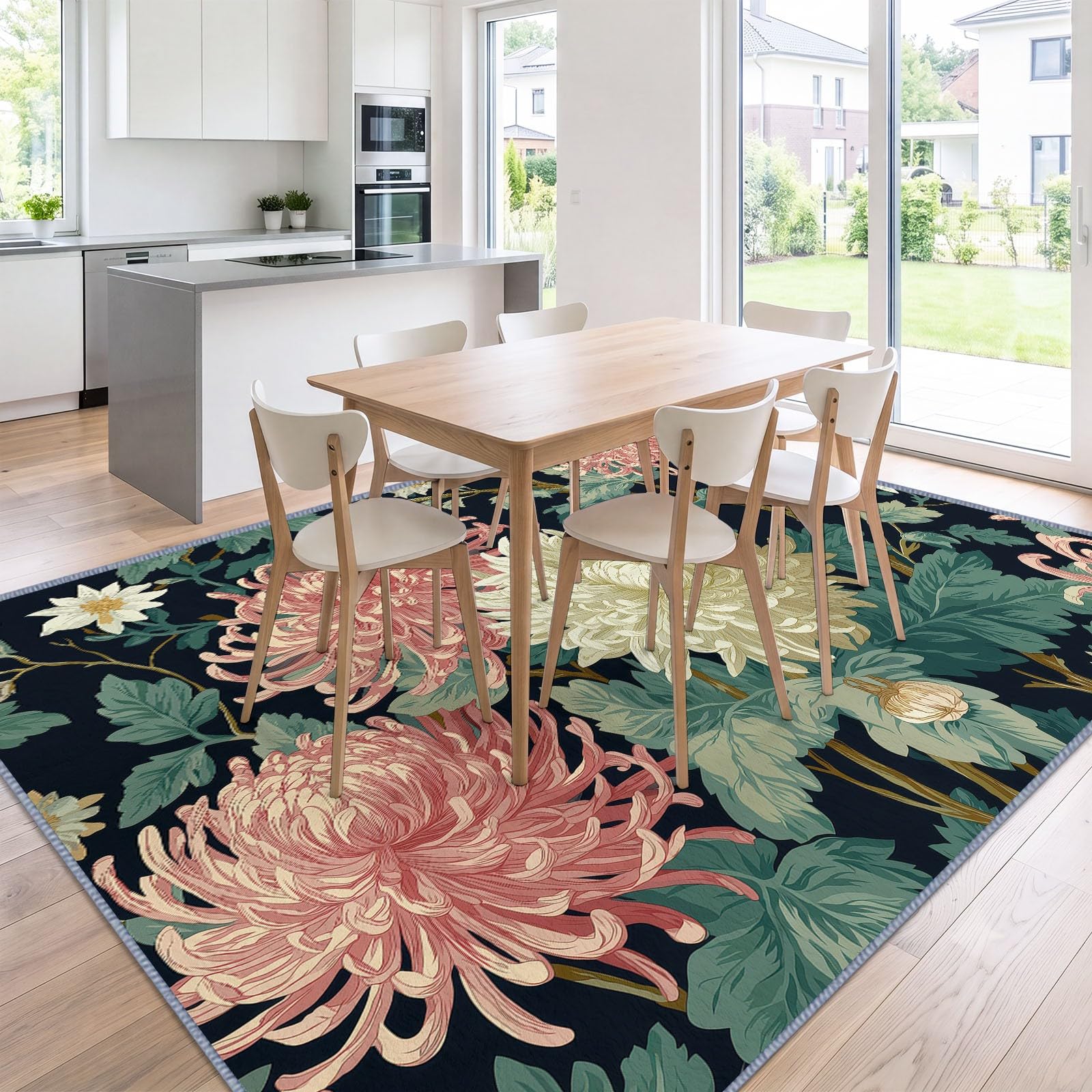 Generisch Chrysantheme Dahlie Kurzflor Teppich 240 x 300 cmweich pflegeleicht, Klassisch Handwerk Pflanze Waschbarer Teppich rutschfest Kurzflorig Weich für Wohnzimmer Schlafzimmer Esszimmer