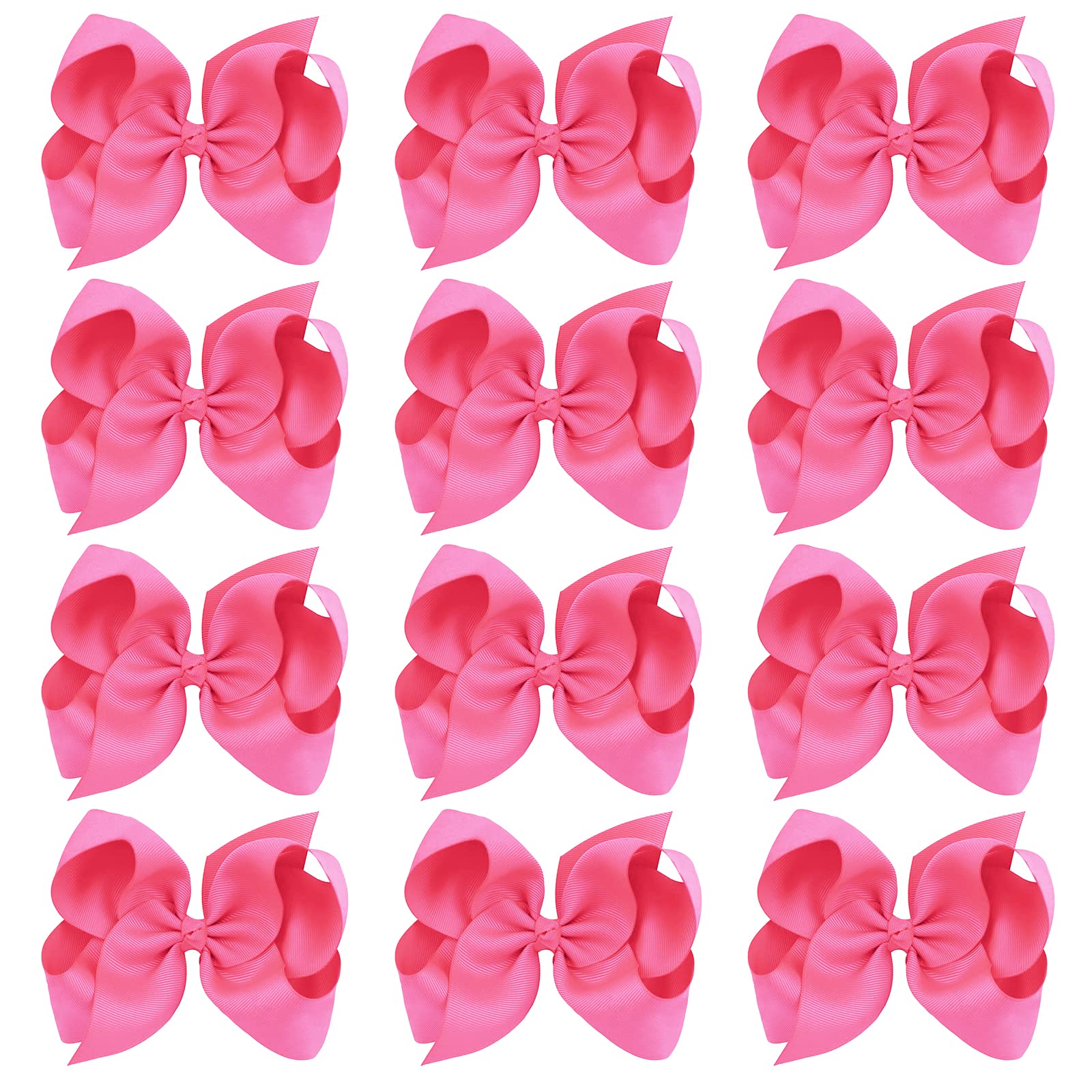 Oaoleer Big Hair Bows for Girls 12 PCS 6" Hot Pink Grosgrain Ribbon Large Boutique Bow Alligator Clips Hair Accessories for Toddlers Little Girls Kids