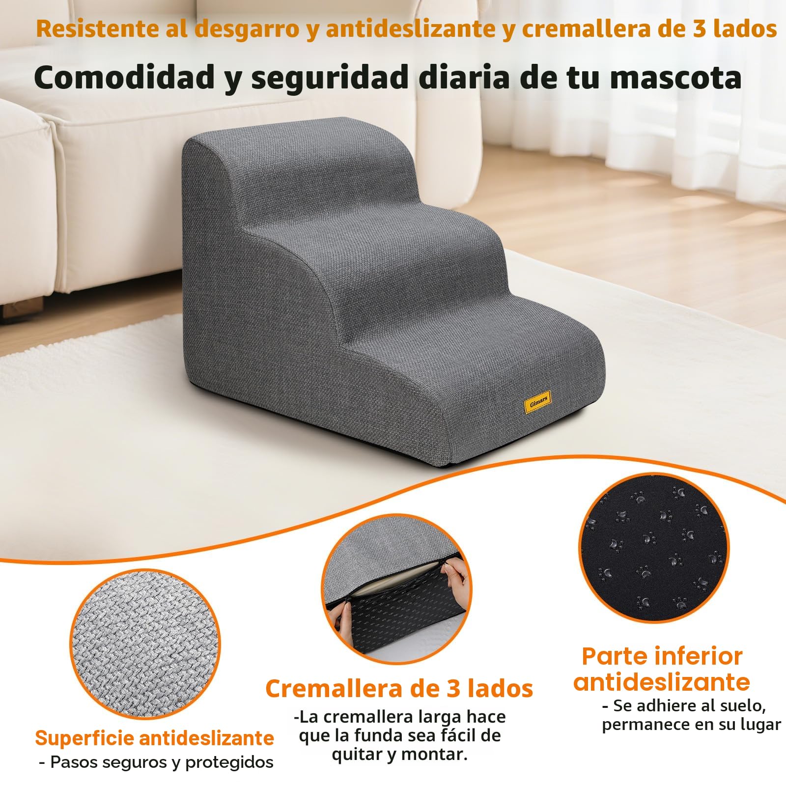 Gimars Escalera para Perros con Espuma 30D, 3 escalones estables de 40 cm, Funda Lavable, Base Antideslizante, rampa para Perros pequeña, Escalera Perro para Cama, sofá, Coche