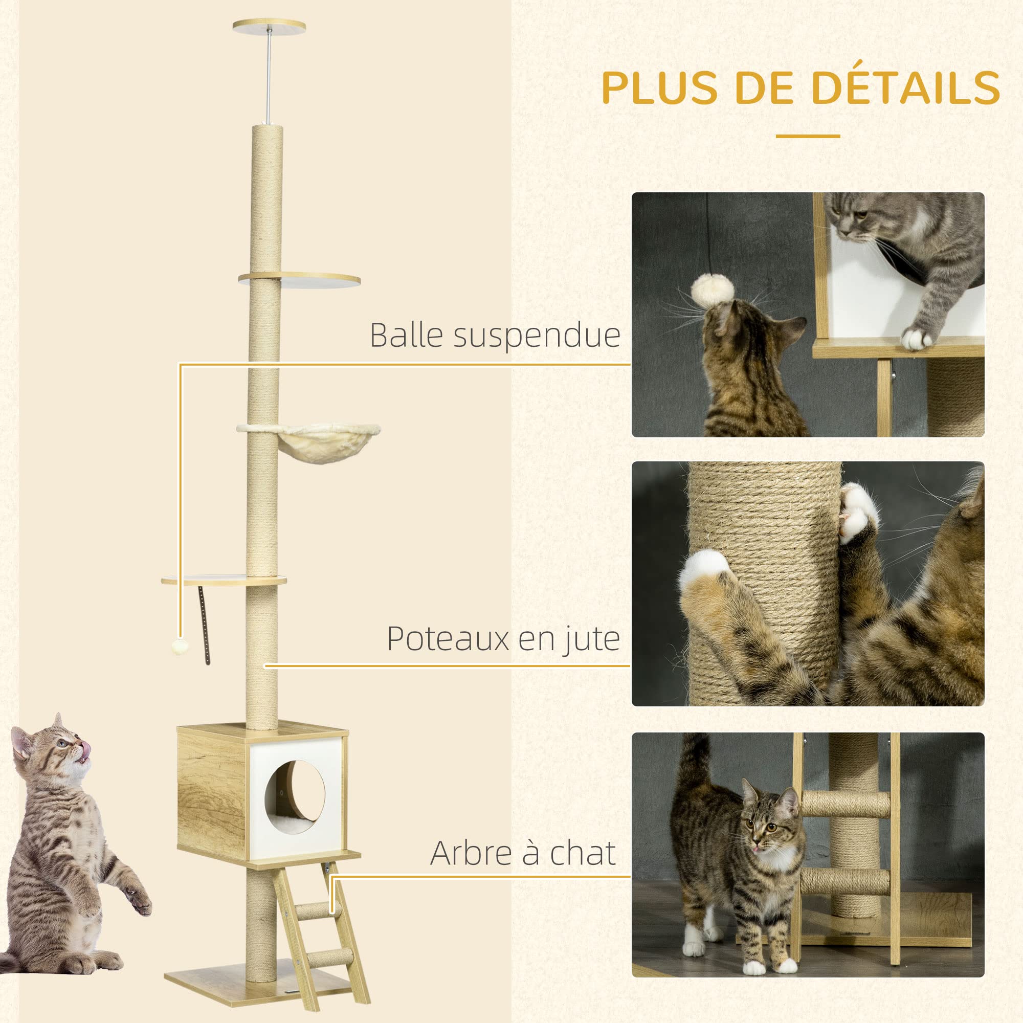 PawHut Lot de 2 Arbres à Chat Sol au Plafond Réglable 225-285 cm Beige