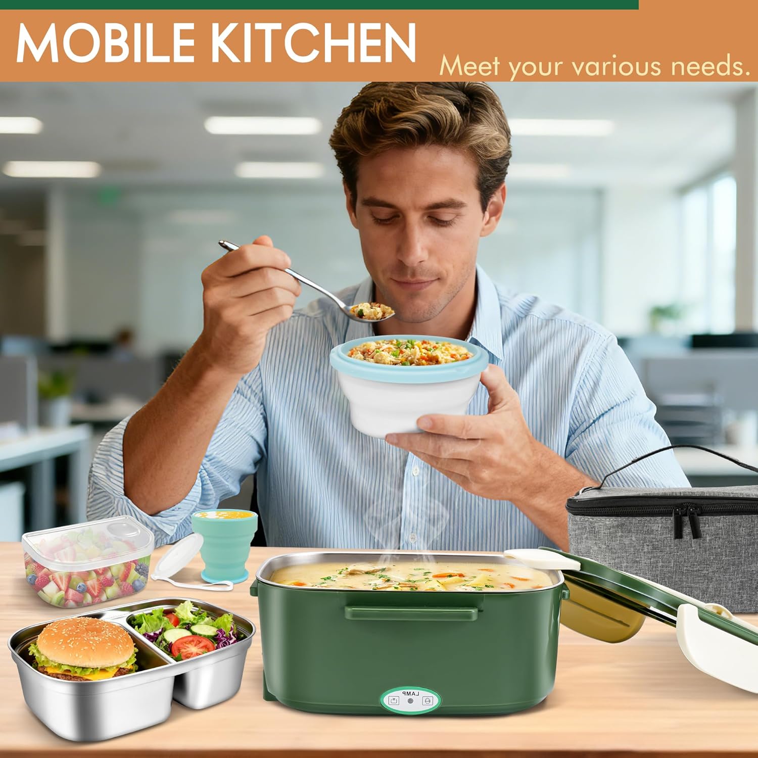 AOSION Electric Heated Lunch Box for Adults, 4 IN 1 Heating Lunch Box with 2 Pack 1.5L Container, 80W Lonchera Eléctrica Portátil, Food Warmer for Car/Truck/Office,Gift for Family (GREEN) - Image 2