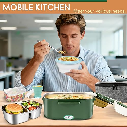 Miniatura 2 de AOSION Lonchera eléctrica para adultos, lonchera térmica 4 en 1 con contenedor de 2 x 1.5 L, lonchera eléctrica portátil de 80 W, calentador de